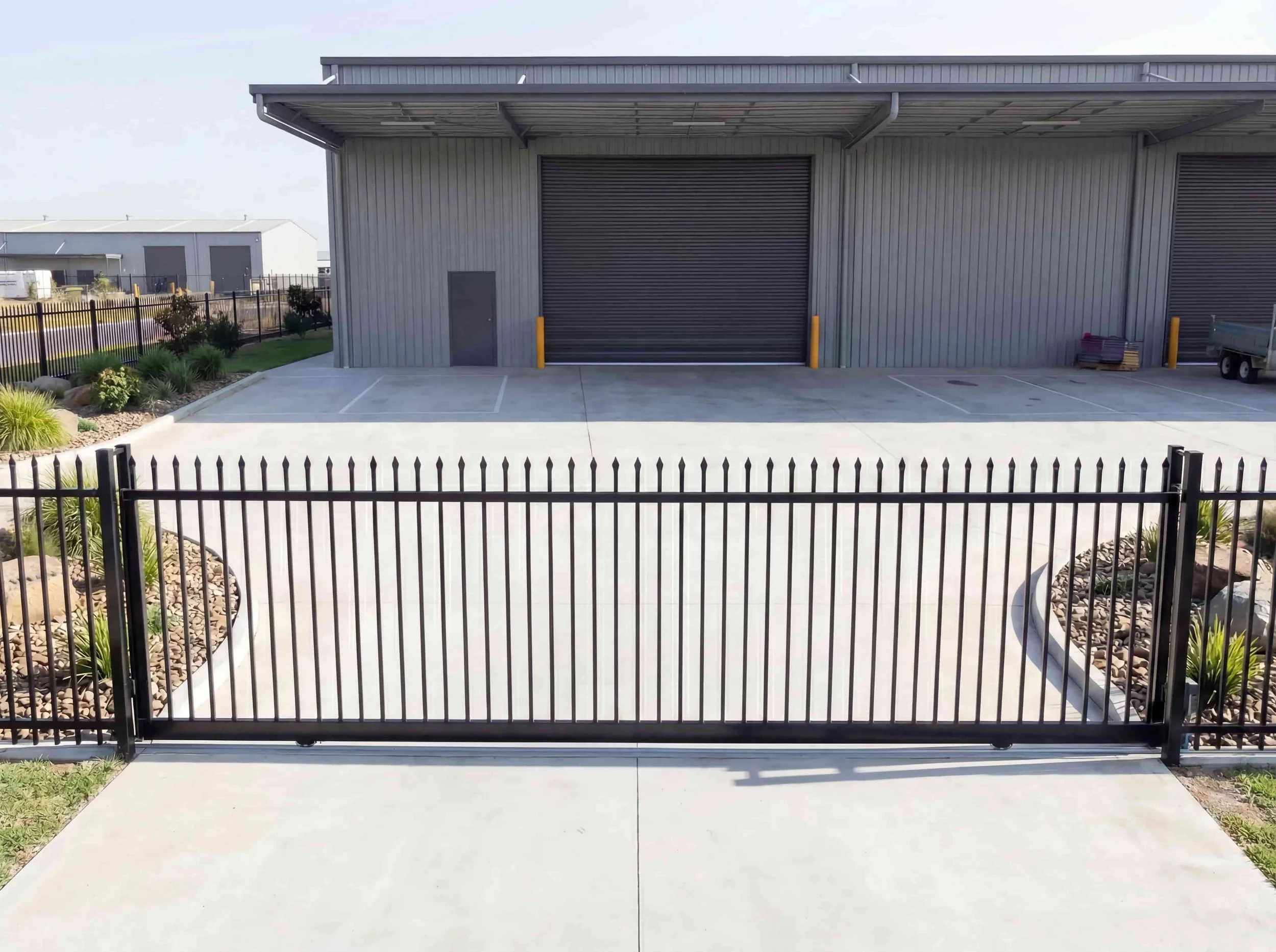Black steel automatic sliding security gate with spear tops at commercial warehouse entrance, front view