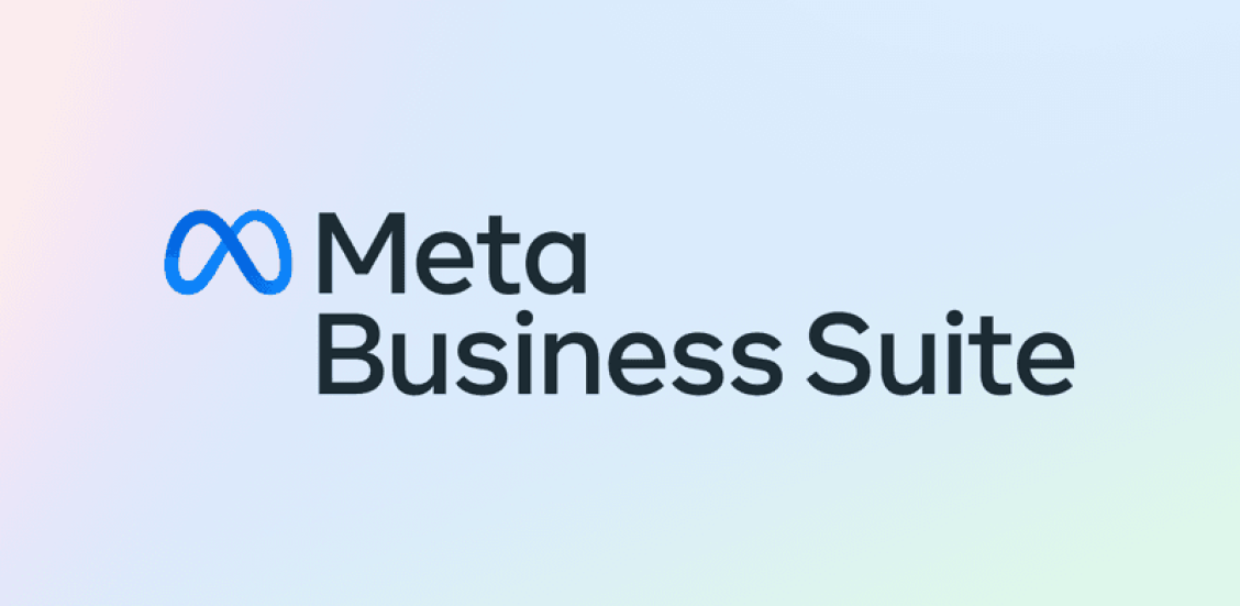 Meta Business Suite logo with blue infinity symbol and black text on a gradient background