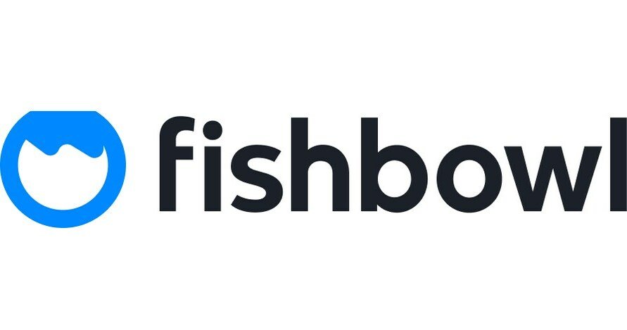 Logo of Fishbowl, featuring a blue fishbowl icon with a smiling face and the word 'fishbowl' in black lowercase letters.