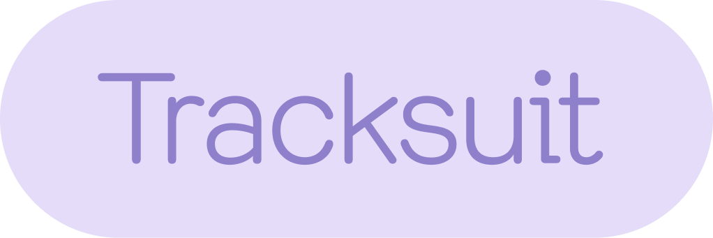 The word "Tracksuit" written in large purple letters on a light purple oval background.