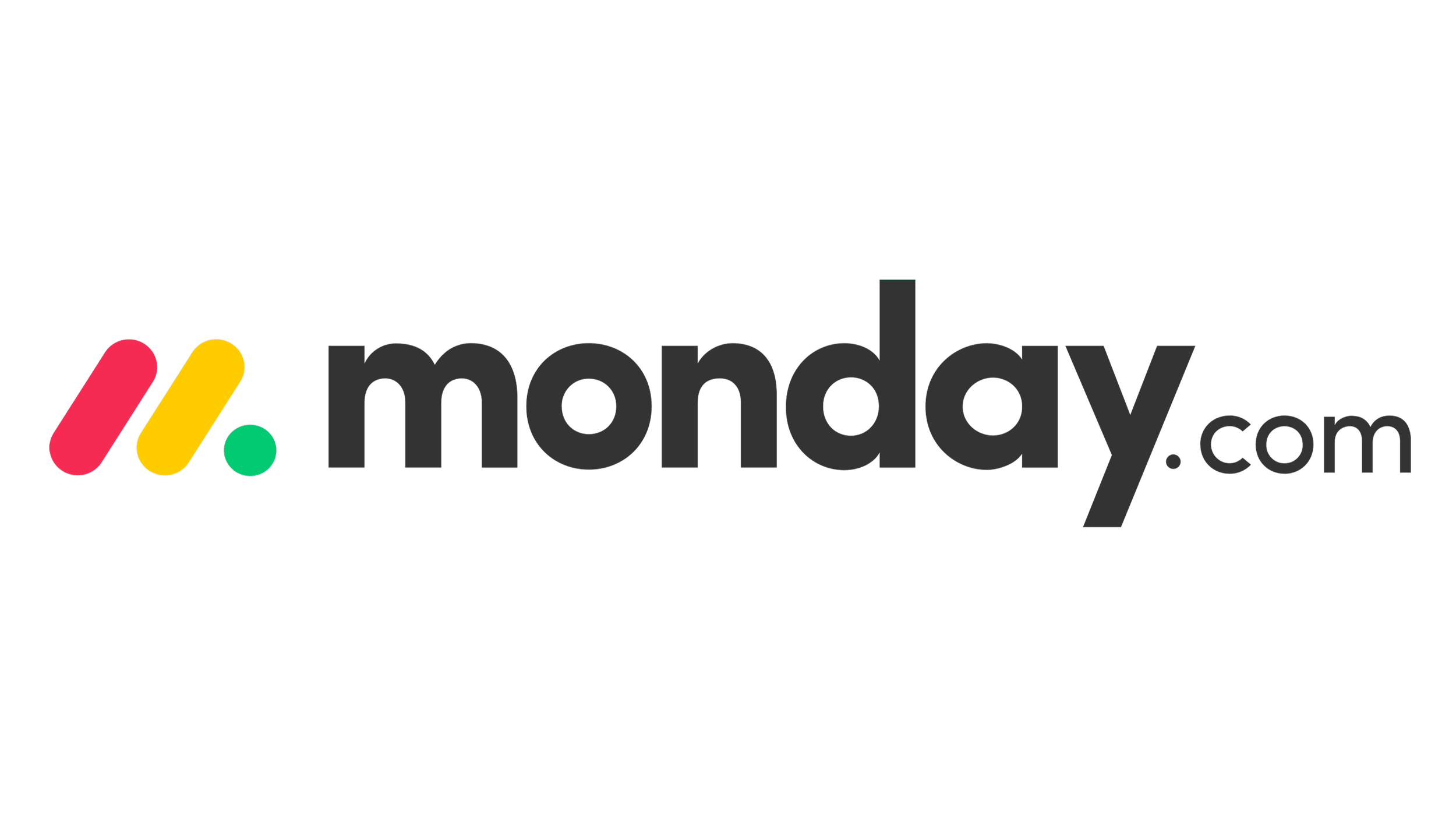 Monday.com logo with stylized red and yellow angled lines, teal dot, and the word 'monday.com' in black text