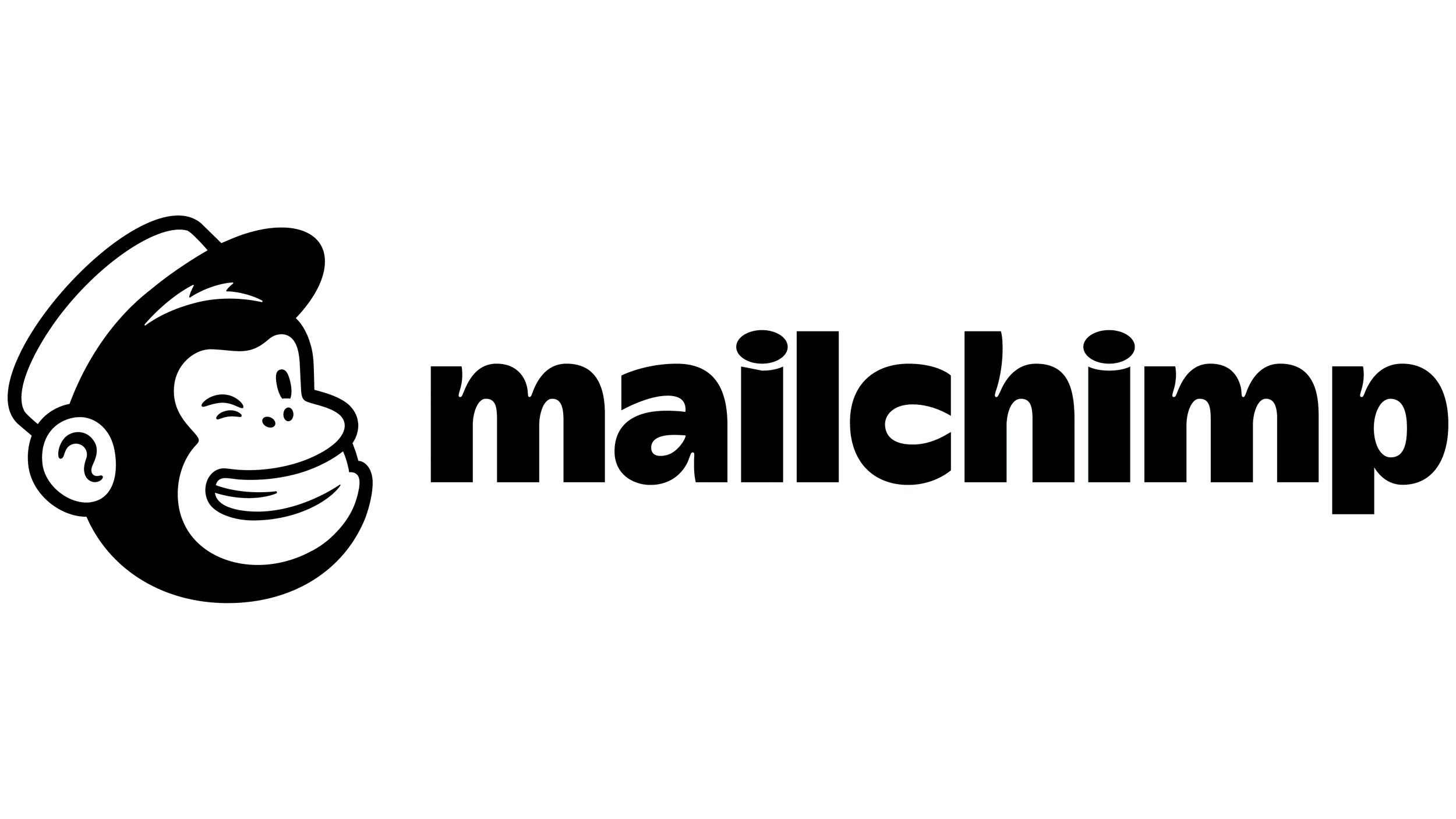 Black outline of a smiling person wearing a hat with the text 'mailchimp' in lowercase letters.