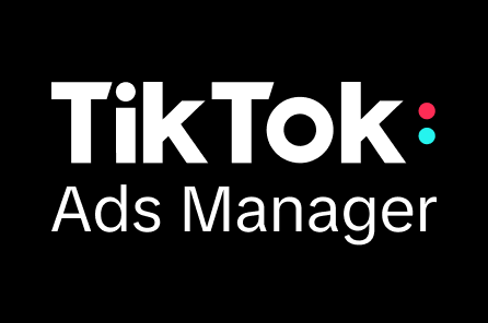 TikTok Ads Manager logo with black background, white text, and small red and blue dots.