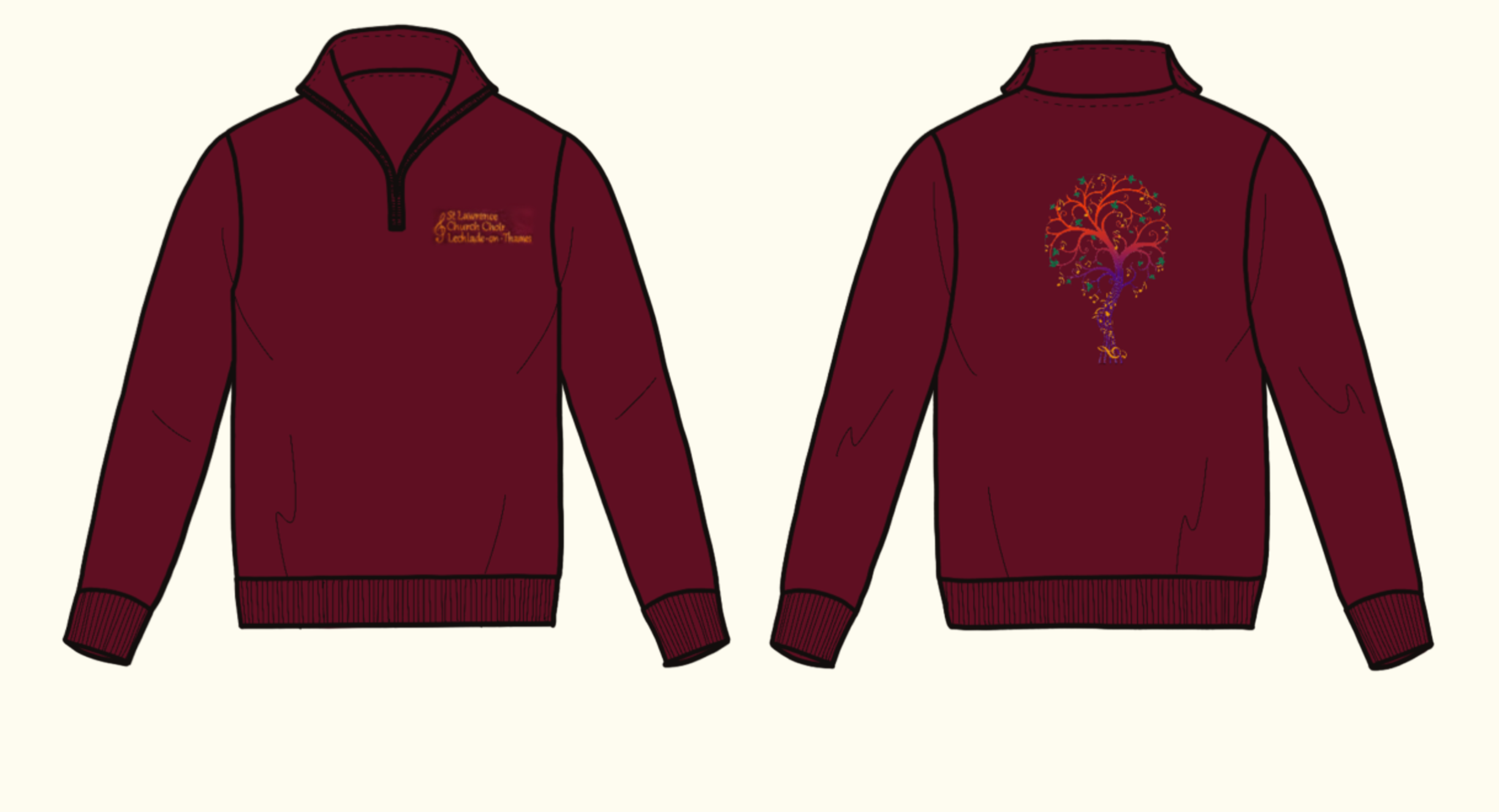 Technical CAD flat illustration of quarter zip sweatshirt in burgundy colour, with 'St Lawrence Church Choir Lechlade-on-Thames' on front left chest and Tree of Life logo on centre back.