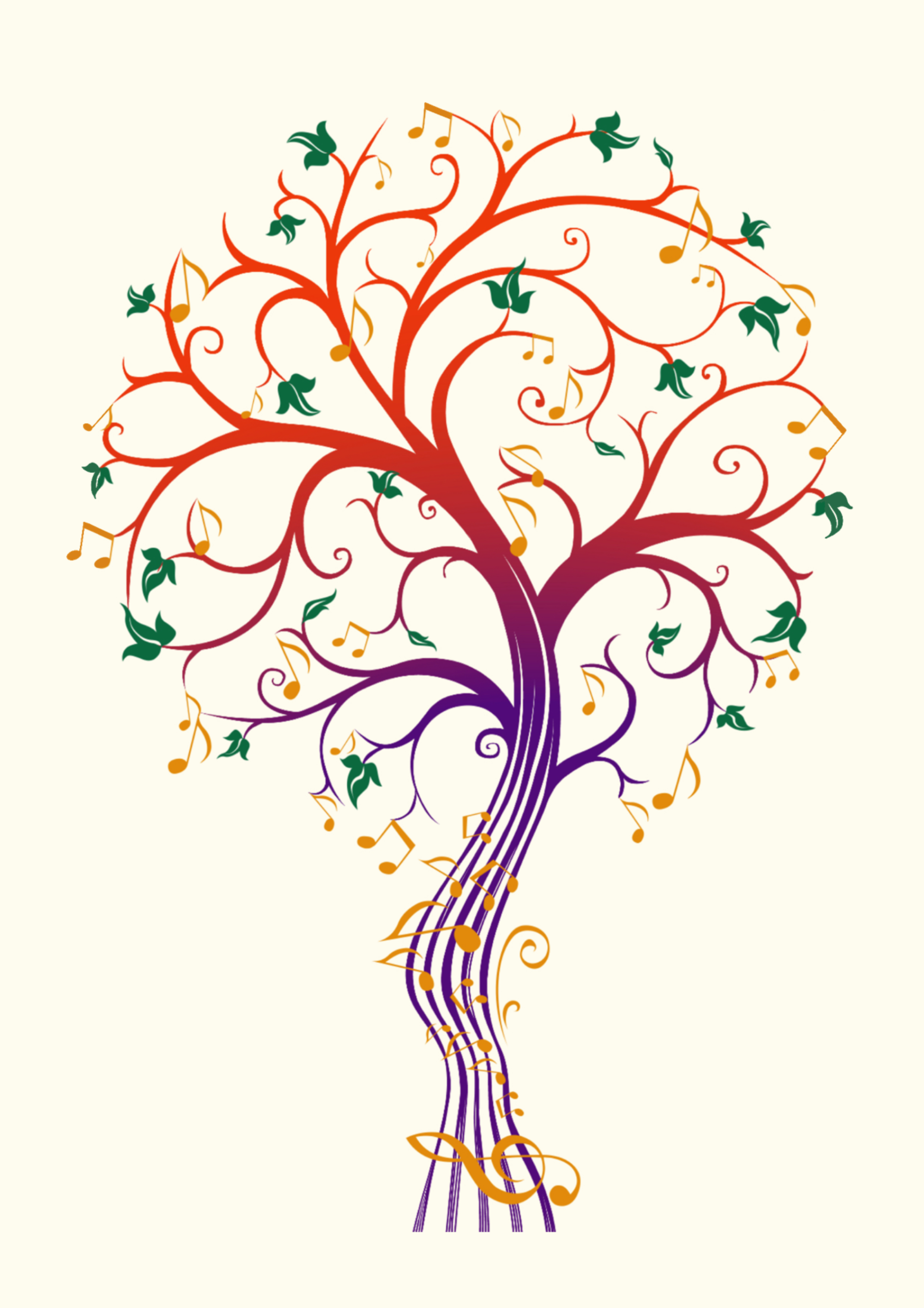 Ombre purple trunk into red and golden branches Tree of Life with gold musical notes flowing across the design and green leaves on its branches.