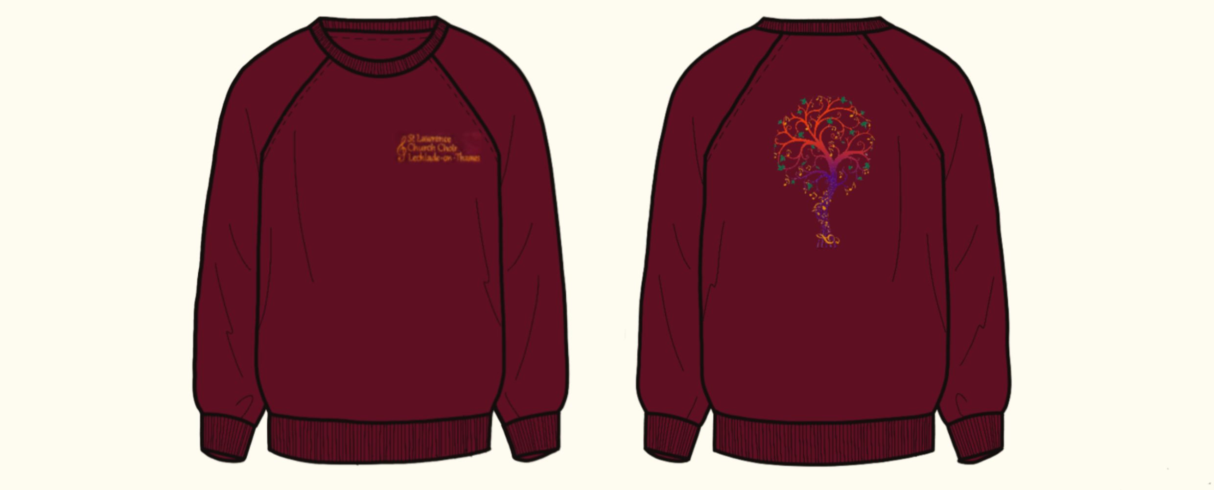 Technical CAD flat illustration of raglan sweatshirt in burgundy colour, with 'St Lawrence Church Choir Lechlade-on-Thames' on front left chest and Tree of Life logo on centre back.