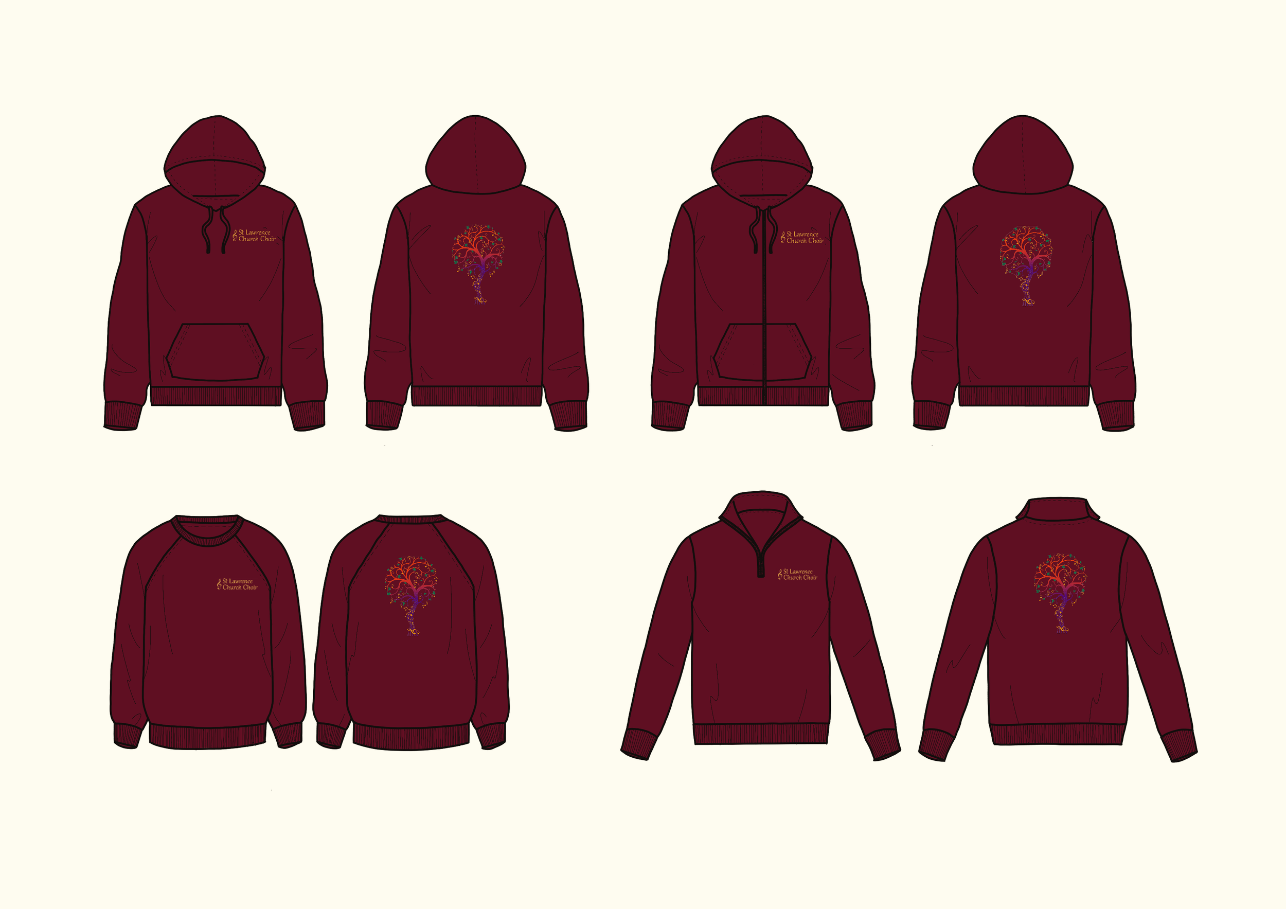 Four technical CAD flat illustrations in burgundy colour, consisting of a hoodie, zip up hoodie, quarter zip and raglan sweatshirt with 'St Lawrence Church Choir Lechlade-on-Thames' on front left chest and Tree of Life logo on centre back.