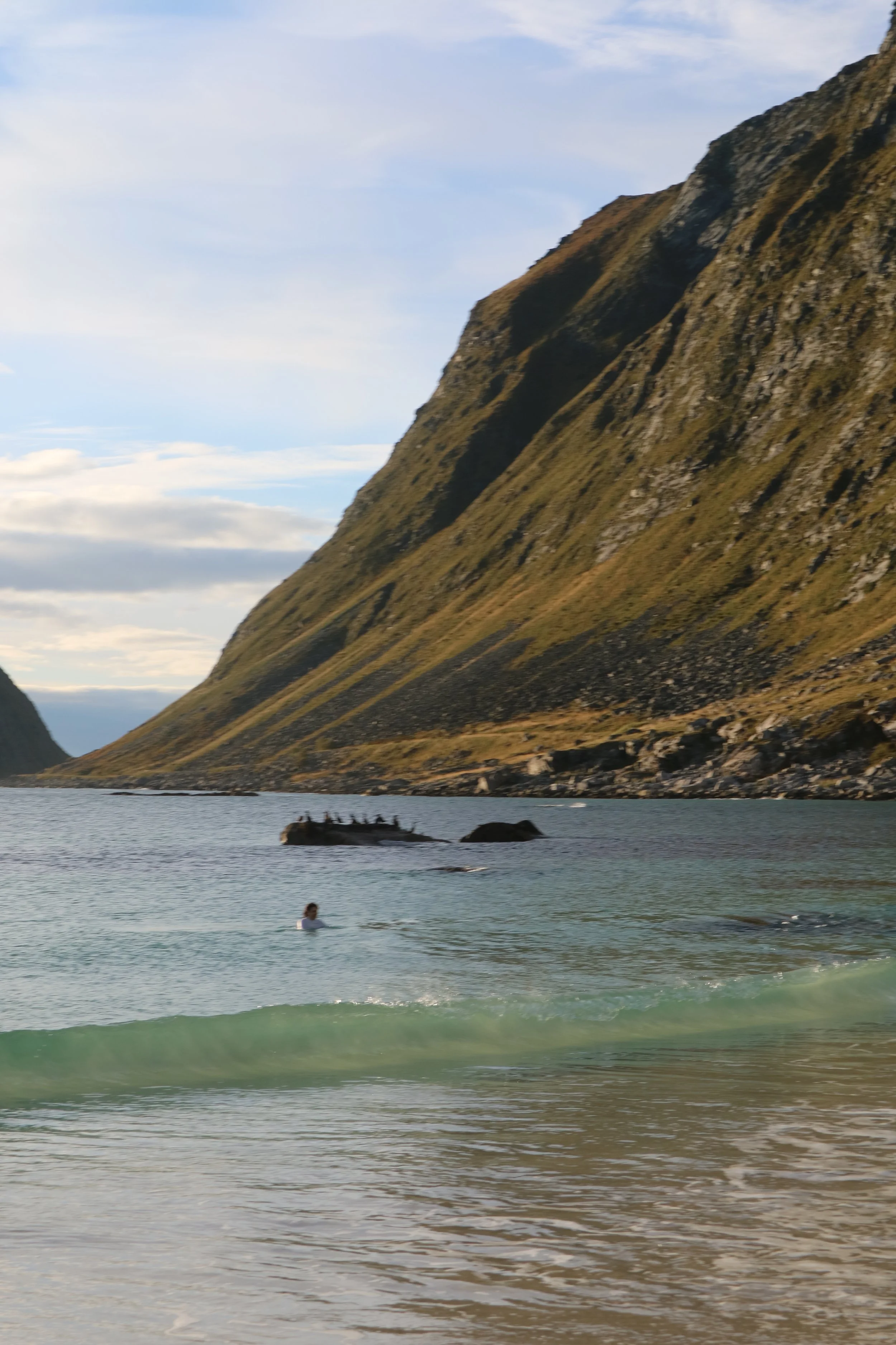 A person swimming in the sea at Haukland Beach, Norway, with mountains in the background, and rocks and a few black birds in the water.