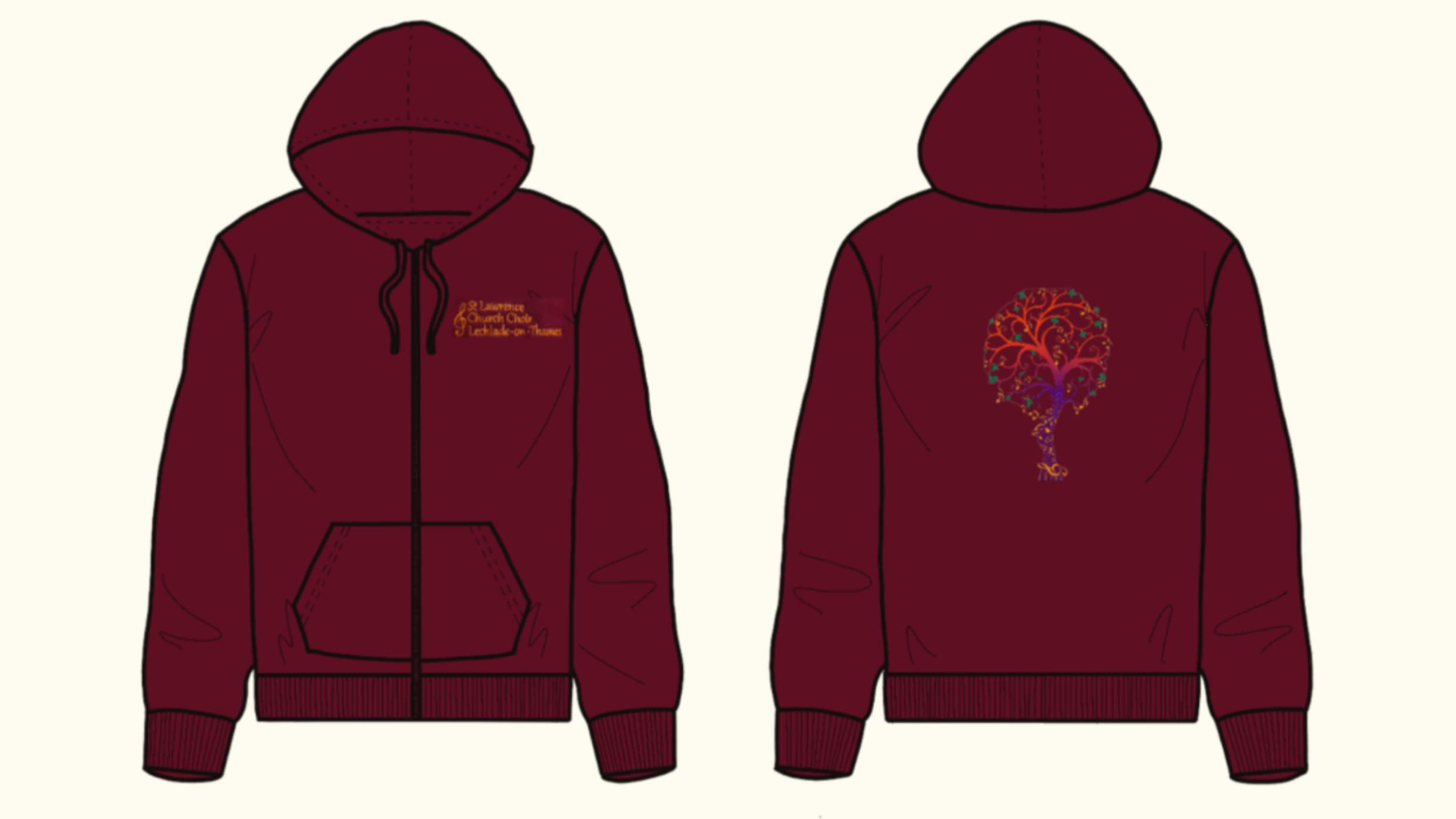Technical CAD flat illustration of zip up hoodie in burgundy colour, with 'St Lawrence Church Choir Lechlade-on-Thames' on front left chest and Tree of Life logo on centre back.