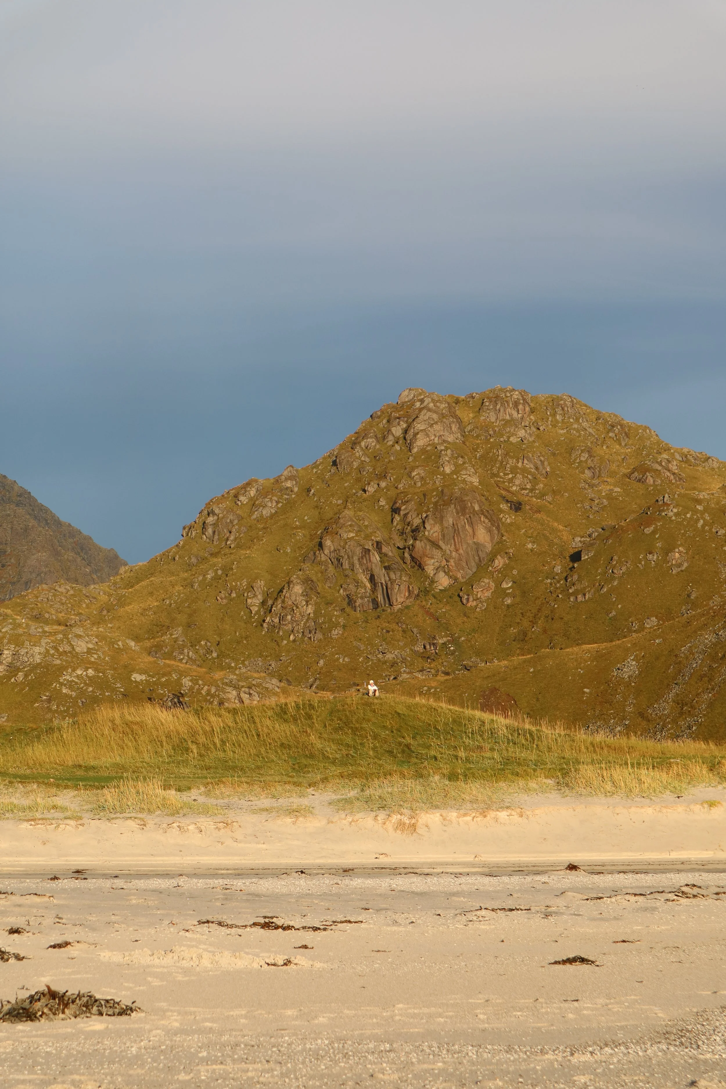 A mountain with rocky terrain and greenish brown sand dune like hill, viewed from sandy Haukland Beach, Norway, with scattered seaweed, under a cloudy sky. A tiny white dot on the grassy hill is a women sat resting.