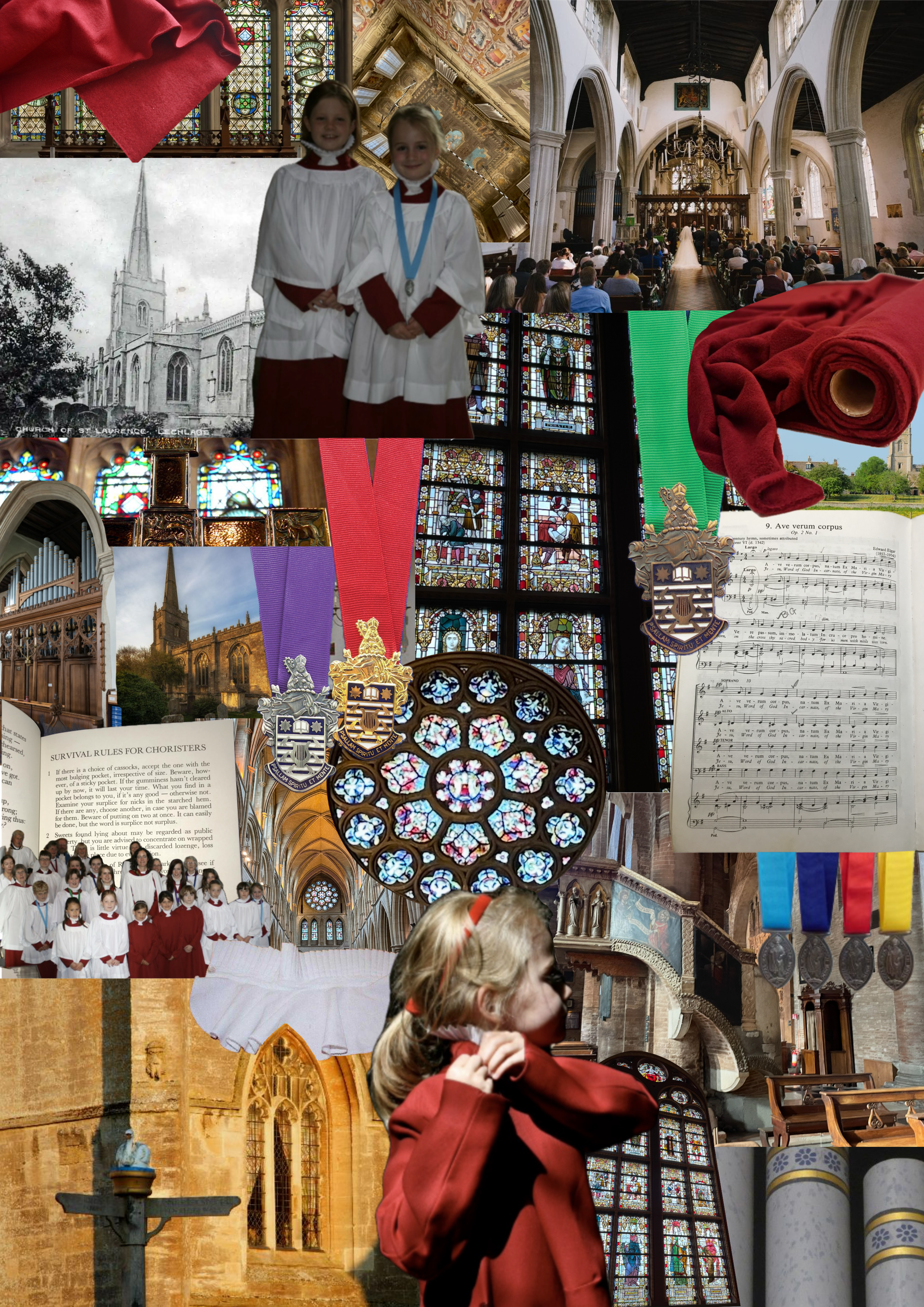 A collage of images related to church and choir activities including stained glass windows, a St Lawrence Church interior, choristers, a young girl in a cassock watching, RSCM Award ribbons and medals, sheet music, and church architecture.