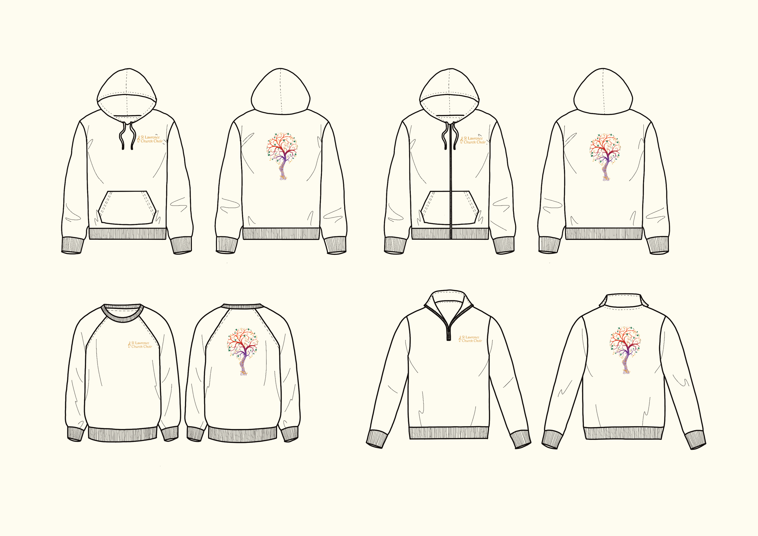 Four technical CAD flat illustrations in black and white, consisting of a hoodie, zip up hoodie, quarter zip and raglan sweatshirt with 'St Lawrence Church Choir Lechlade-on-Thames' on front left chest and Tree of Life logo on centre back.