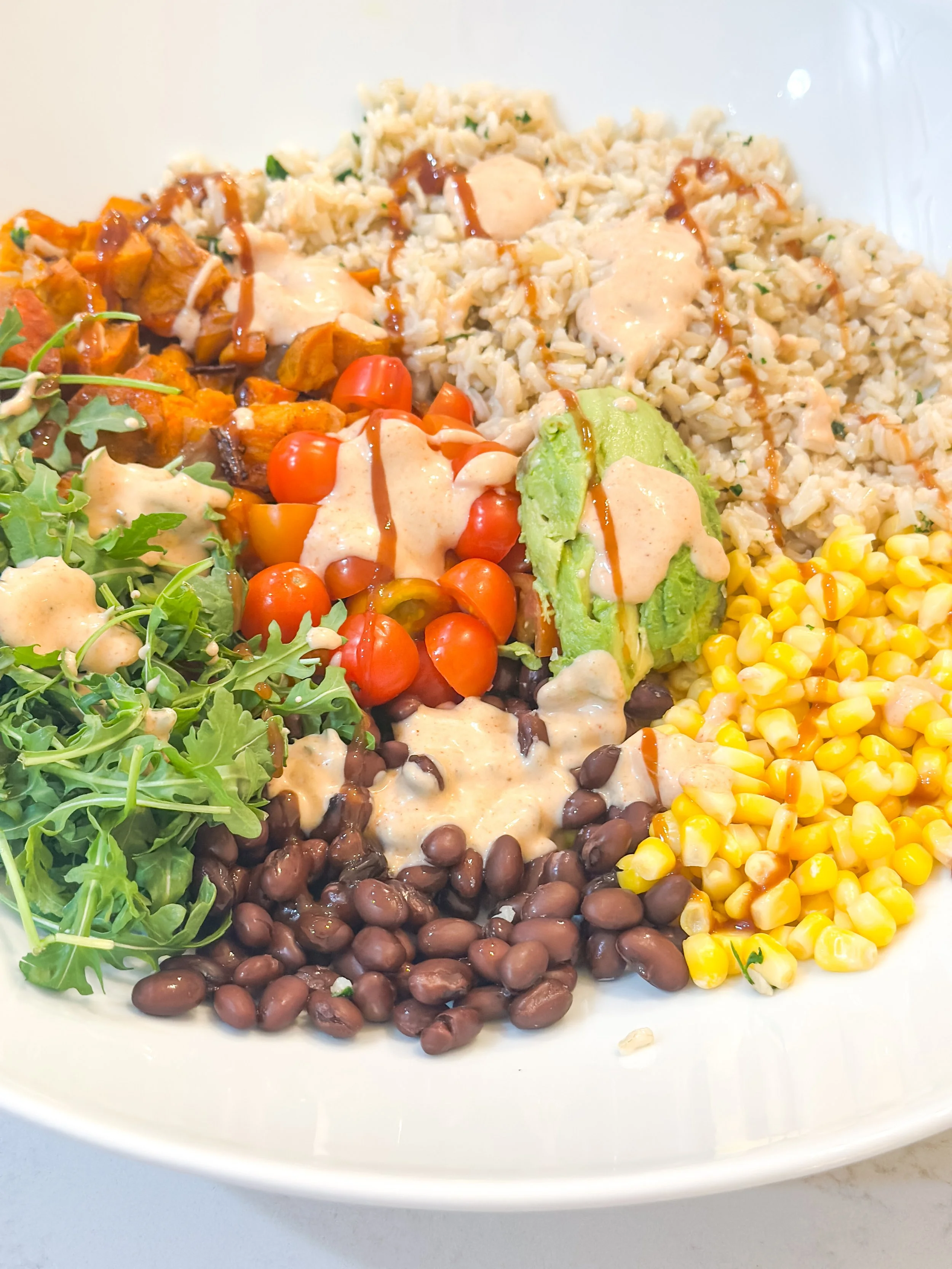 Southwest Sweet Potato Burrito Bowl with Smoky BBQ Mayo (Vegan + Easy Grain Bowl)