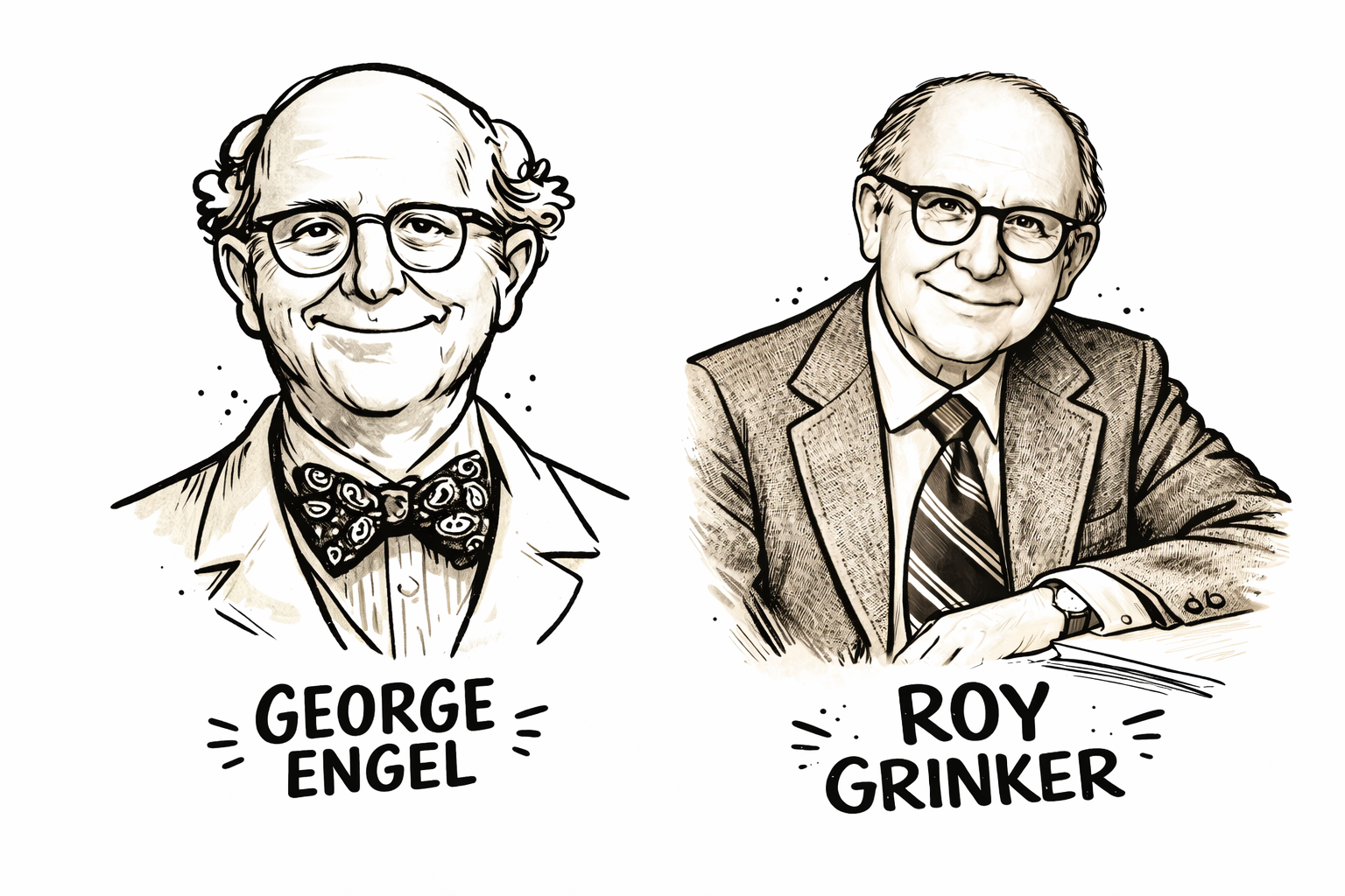 Skizzenhafte Porträts von George Engel und Roy Grinker, beide in formeller Kleidung mit Brille, mit ihren Namen darunter.