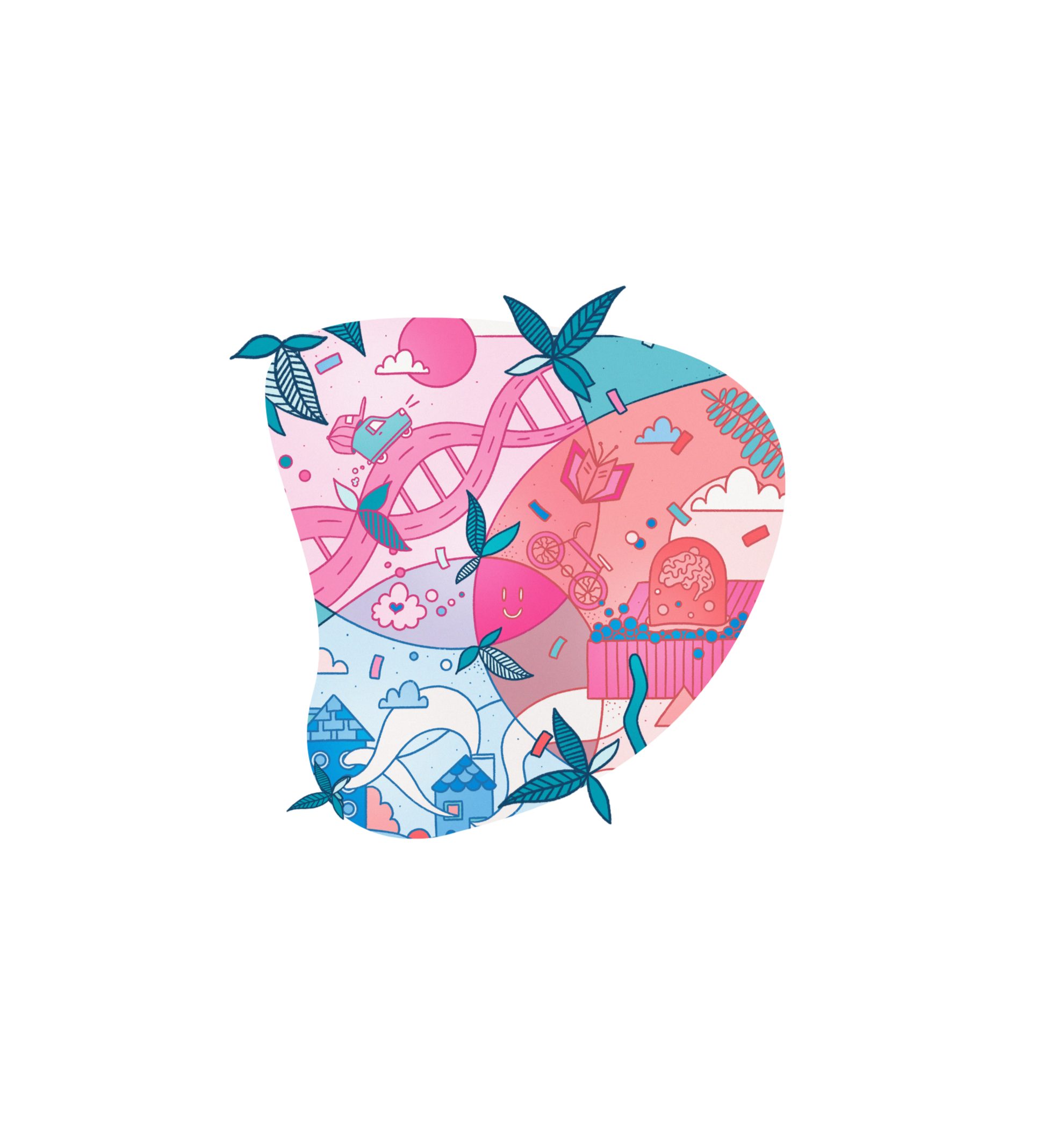 Illustration eines bunten Magazins mit verschiedenen Gegenständen und Naturmotiven, einschließlich Bäumen, Vögeln, einem Fahrrad, einem Buch, Wolken und anderen Elementen in Pastellfarben.