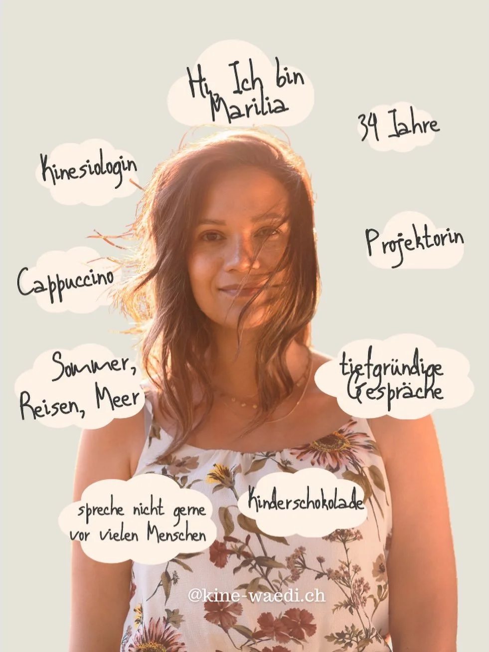 ✨ Ein bisschen mehr von mir ✨

Hi, ich bin Marilia 
Kinesiologin, 34 Jahre jung und ein Mensch, der tiefgr&uuml;ndige Gespr&auml;che liebt 💫

Ich liebe Cappuccino, das Meer, Reisen und den Sommer ☀️🌊
Und ja&hellip; vor vielen Menschen zu sprechen g