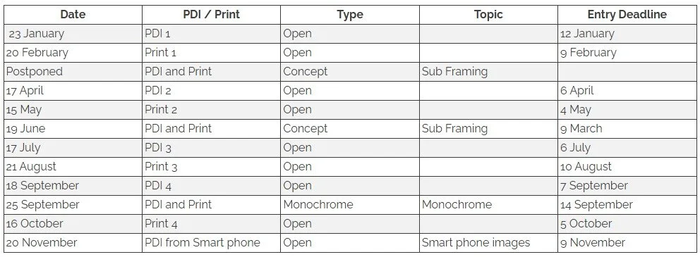 Table listing dates, print types, categories, topics, and deadlines for various projects from January to November.