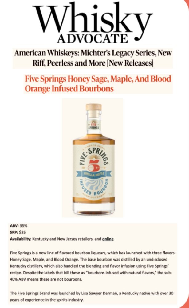 A magazine page featuring a bottle of Five Springs Honey Sage, Maple, and Blood Orange Infused Bourbon. The page includes a headline about American whiskeys, details about the bourbon's ingredients and background, and pricing information.