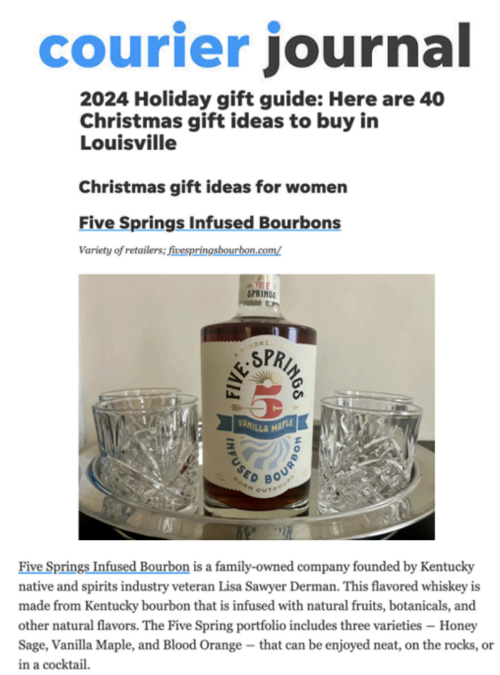 A webpage titled 'Courier Journal' displaying a holiday gift guide with 40 Christmas gift ideas in Louisville. The focus is on a section for women and features 'Five Springs Infused Bourbons.' Below the title, an image shows a bottle of Five Springs