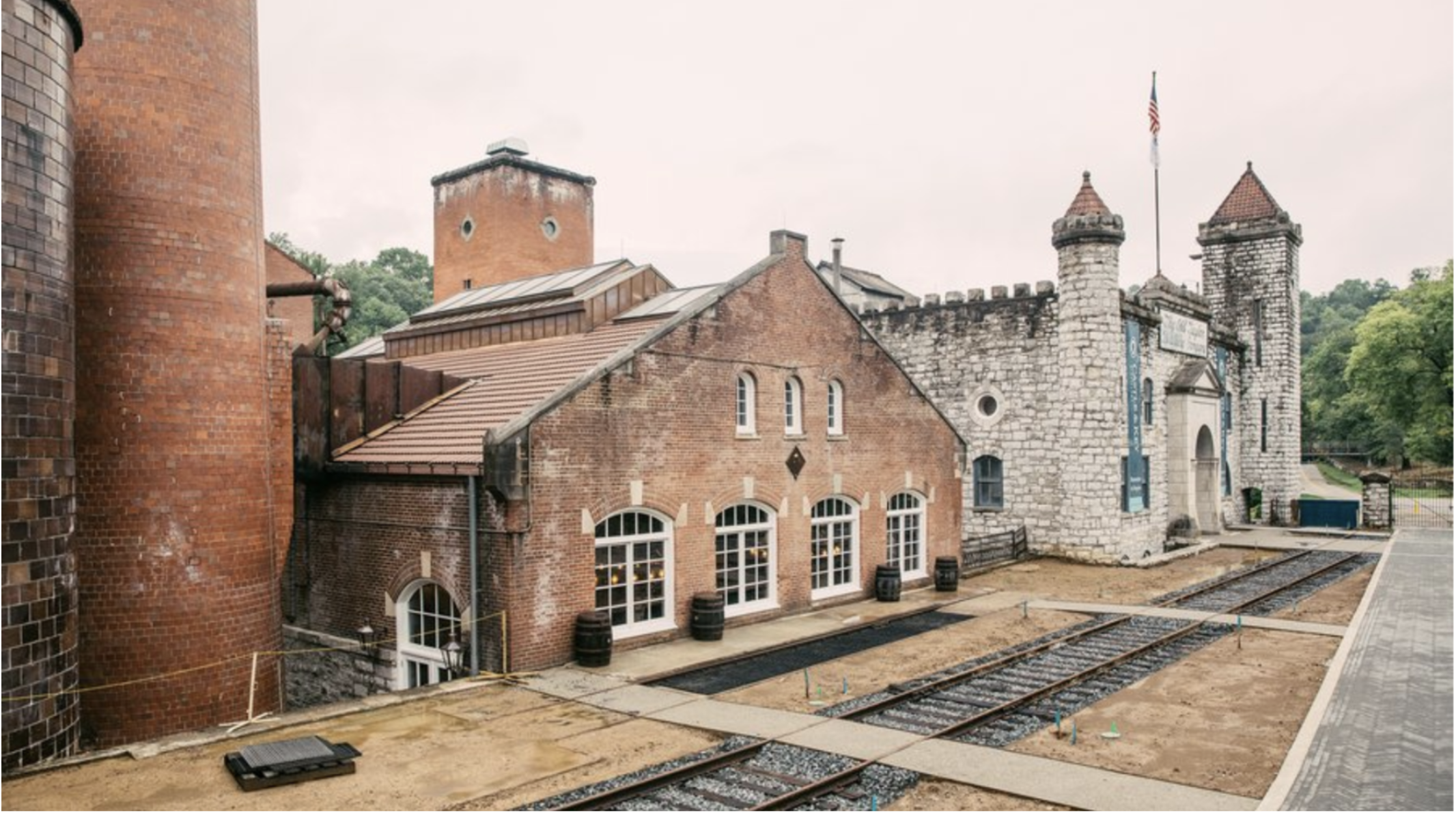 A castle-like building with stone walls, a flagpole with an American flag, and in-progress railway tracks in the foreground.