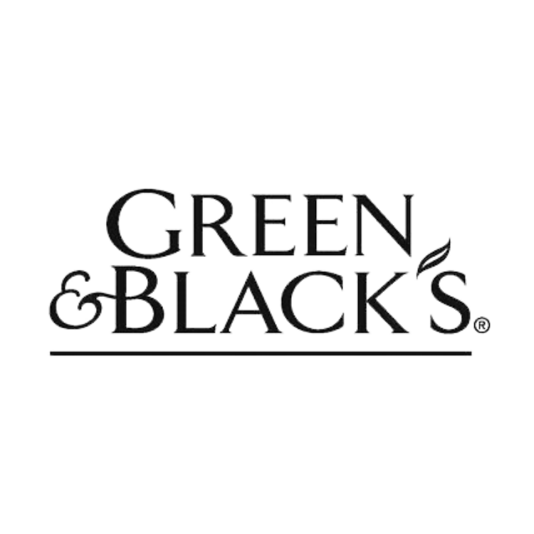 Logo with the text 'Green & Blacks' in black capital letters, with a small leaf on the letter 'N' in 'Green'.
