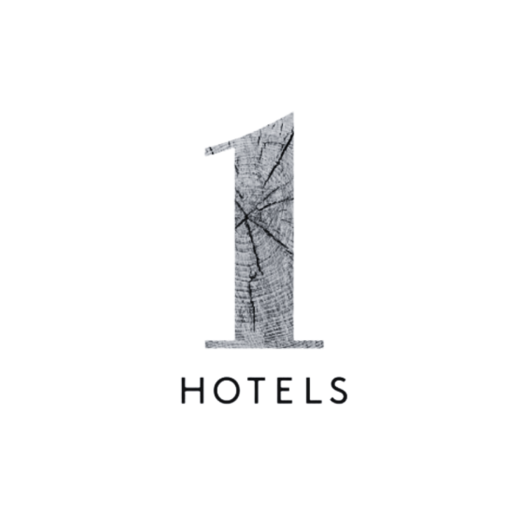 Logo featuring a large number '1' with a wood texture, the word 'HOTELS' below, a yellow and red vertical line, and a light blue rectangular area to the right.