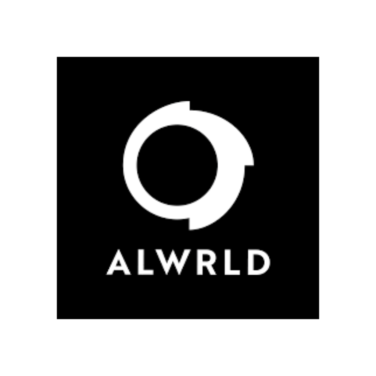 Black background with a white circular logo above the text 'ALWRLD' in white capital letters.