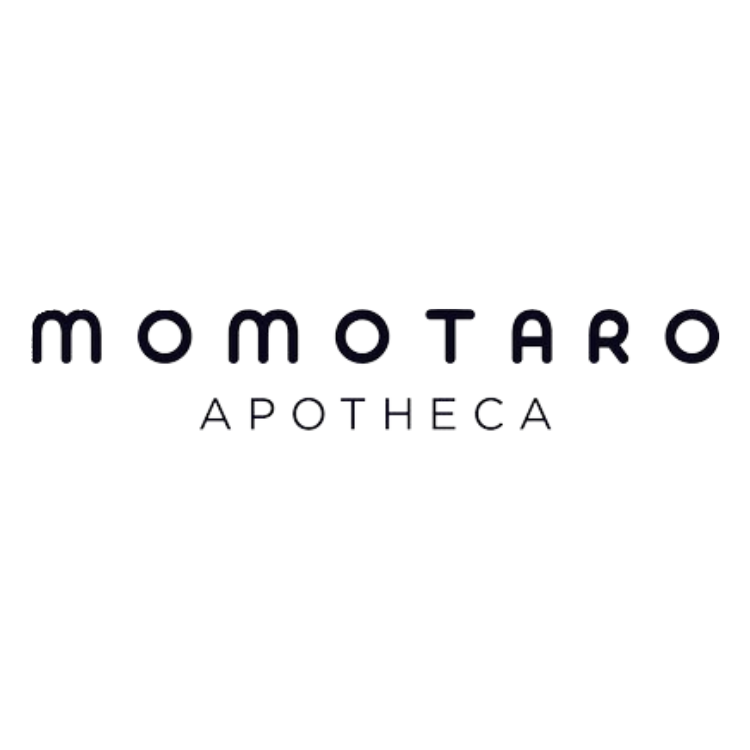 Logo with the text 'MOMOTARO' above 'APOTHECA' in stylized black and gray font.