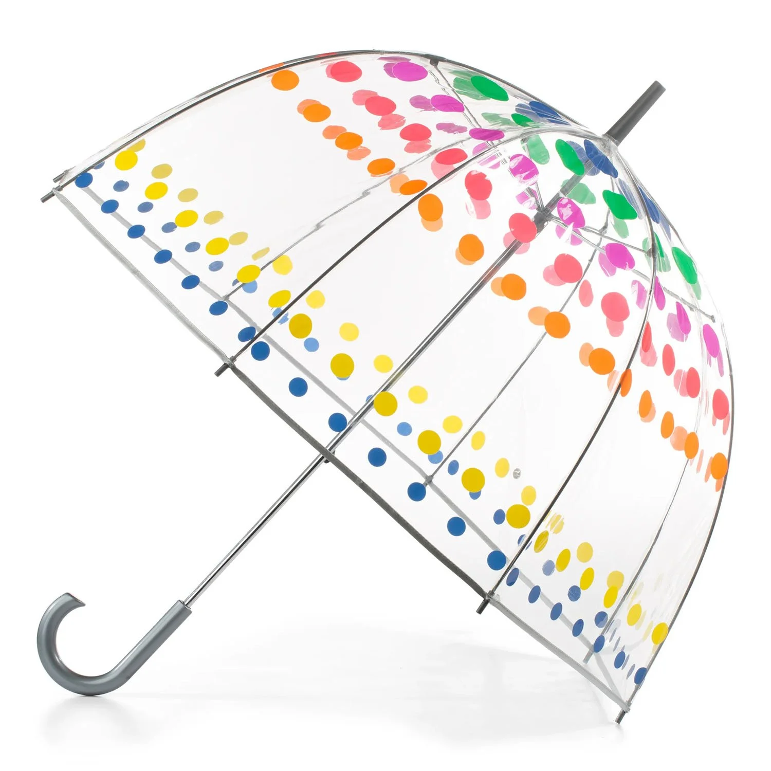 Transparent umbrella with multicolored polka dots, including pink, orange, yellow, green, blue, and purple, against a white background.
