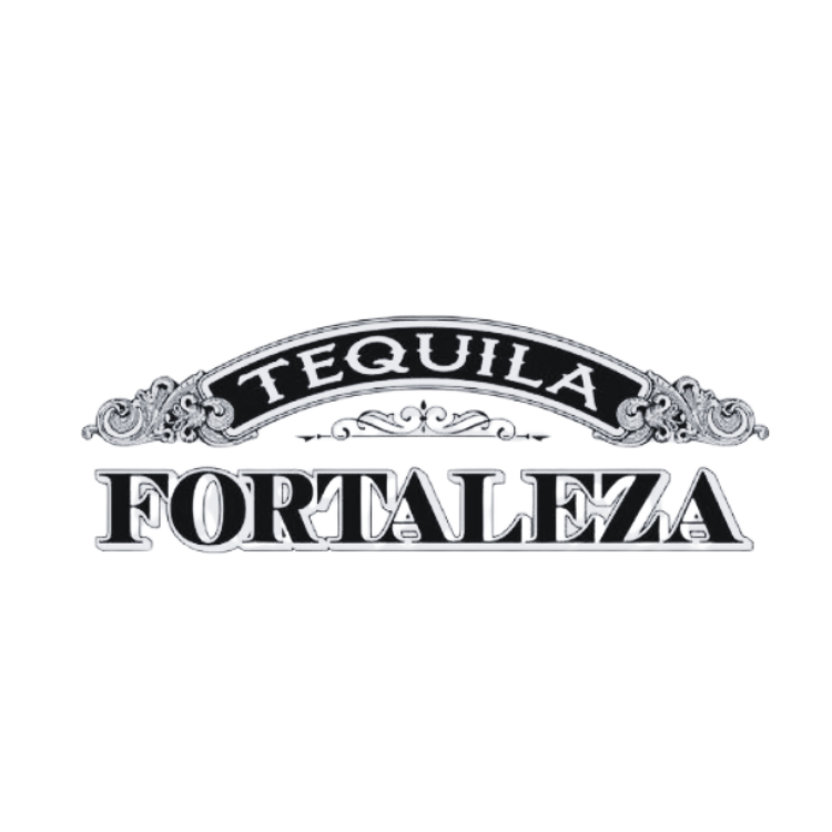 Logo for tequila brand Fortaleza, featuring ornate silver design and stylized text.