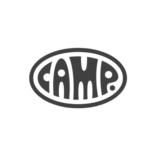 Vintage CAMP logo with an oval border and stylized text inside.