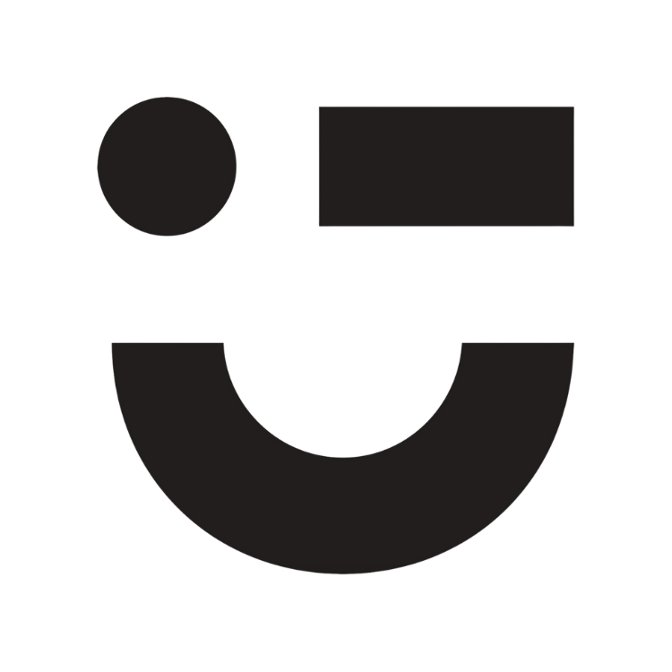 Black abstract graphic with a circle, a square, and a curved line resembling a smiling face.