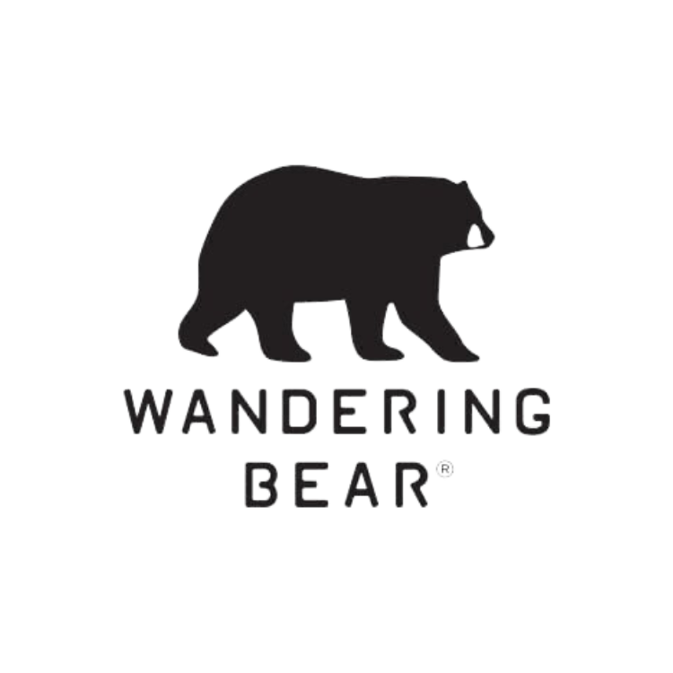Black silhouette of a bear walking, with the words "Wandering Bear" underneath.