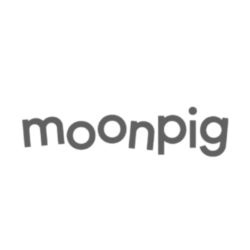 The image features the text 'moonpig' with a small pig icon above the letter 'o', all in a playful, bold font on a black background.