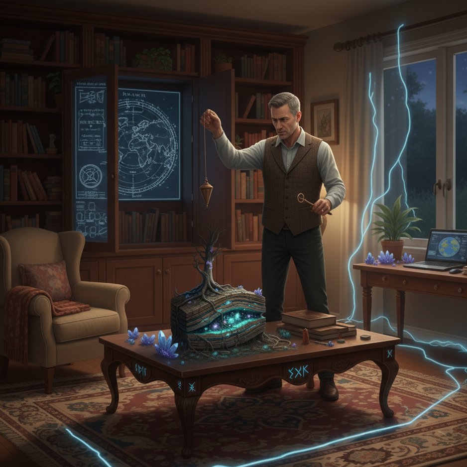 A man in a study room with bookshelves, a computer, and a window, performs a magical ritual with a pendulum and a key over a floating, glowing, tree-shaped crystal, with glowing blue runes and symbols surrounding the scene, and lightning outside the window.