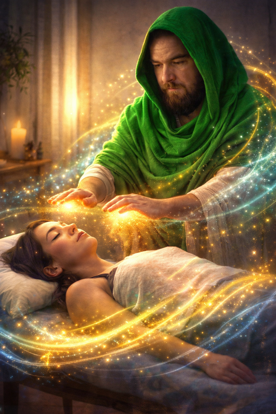 reiki being performed on a client with waves of light and energy