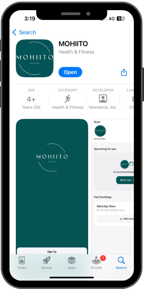 Screenshot of a mobile app store page for 'MOHITO', a health and fitness app, showing the app icon, name, developer, and options to open or sign up.