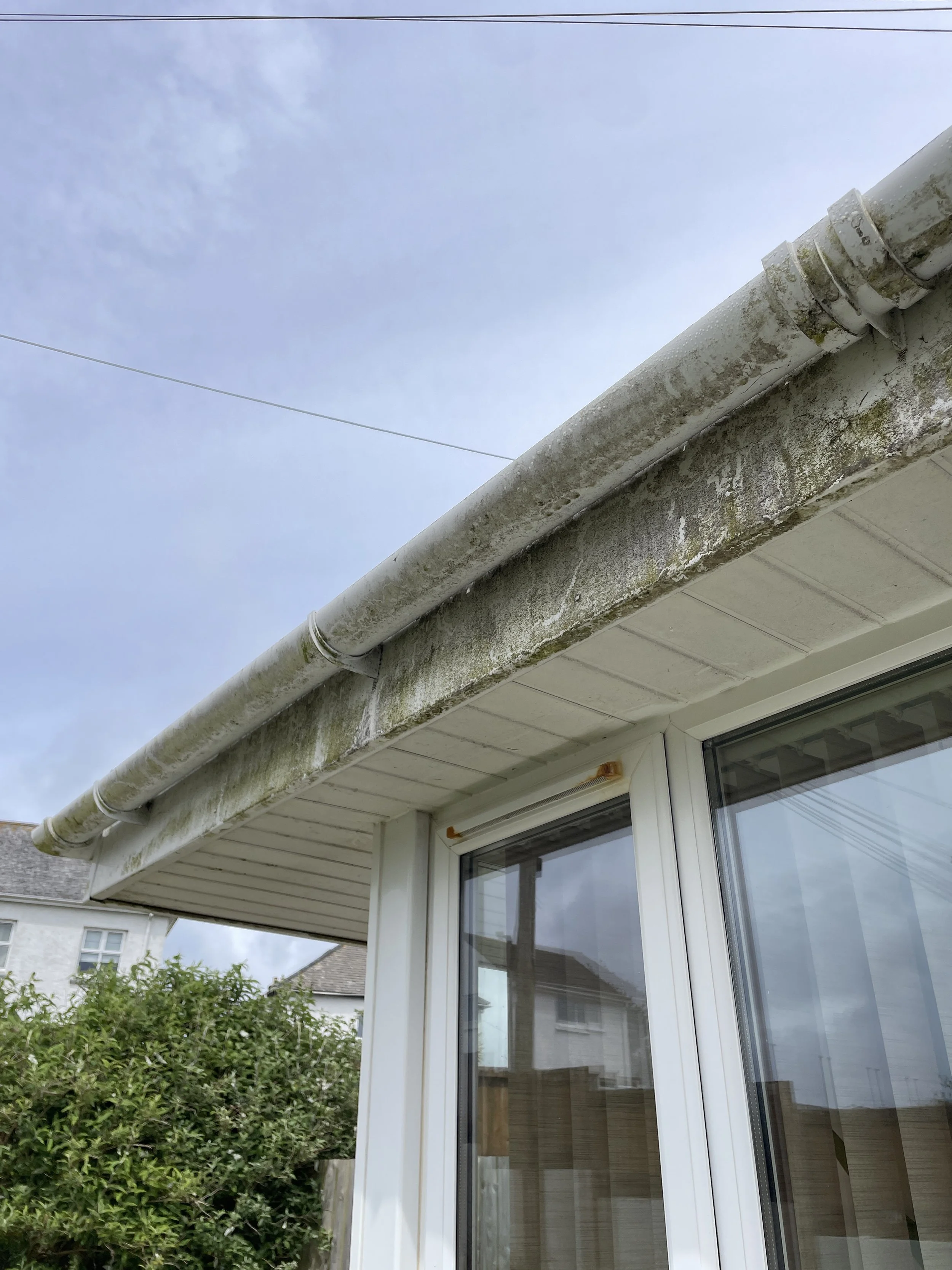 Blocked and overflowing gutter on a Newquay home before professional cleaning