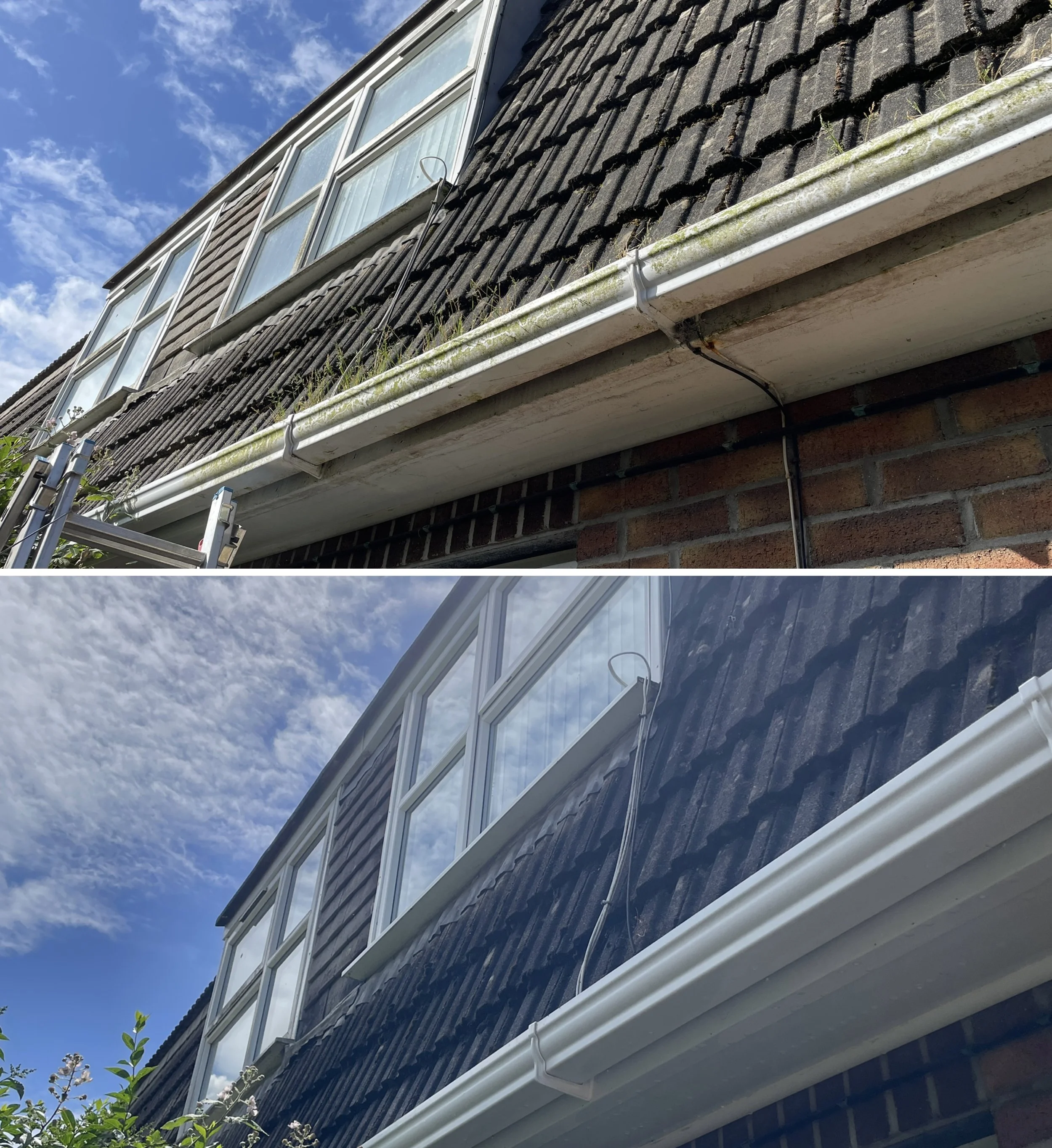 Before and after gutter cleaning on a property in Newquay, Cornwall by Drift Window Cleaning