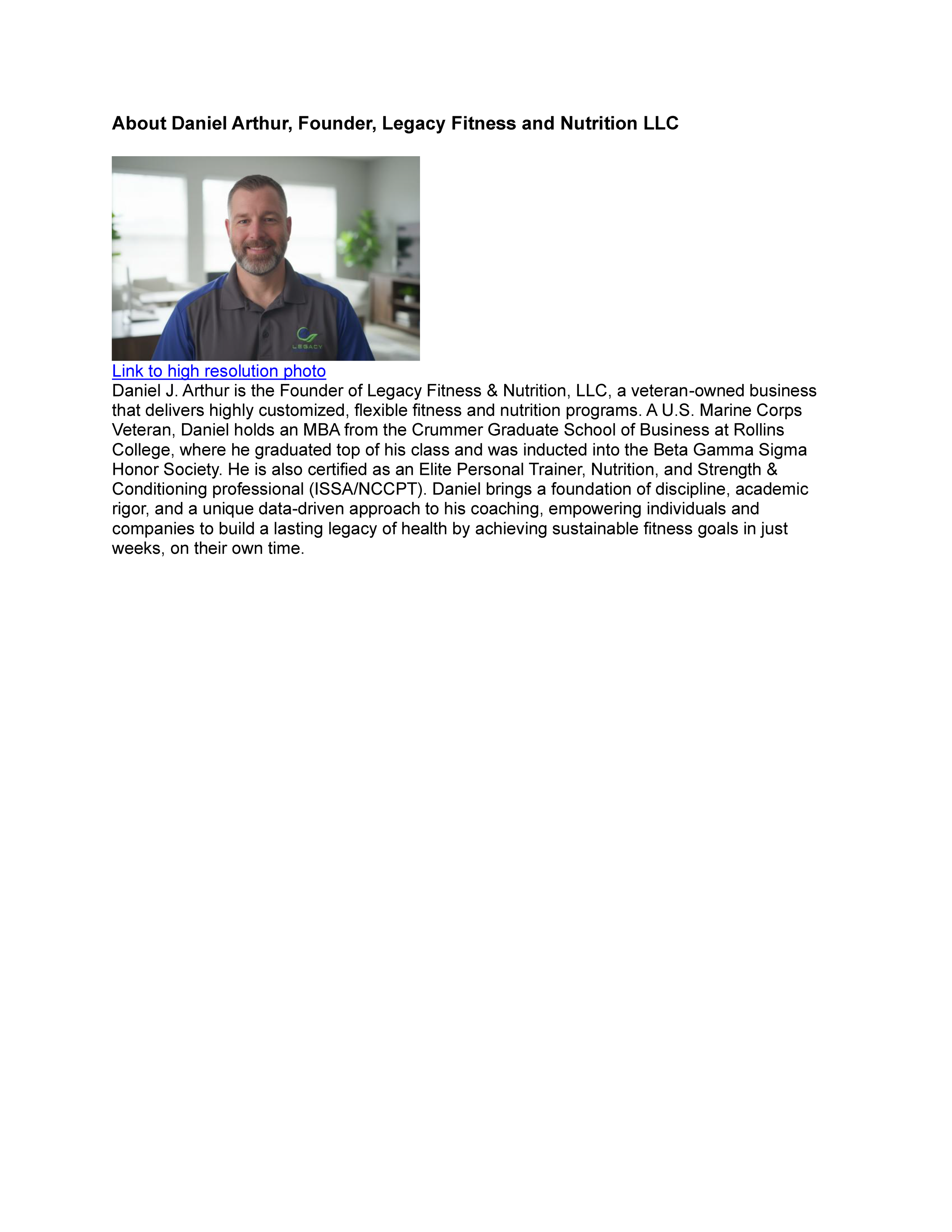 Profile photo of Daniel J. Arthur, founder of Legacy Fitness and Nutrition, in a well-lit indoor setting with a potted plant and furniture in the background.