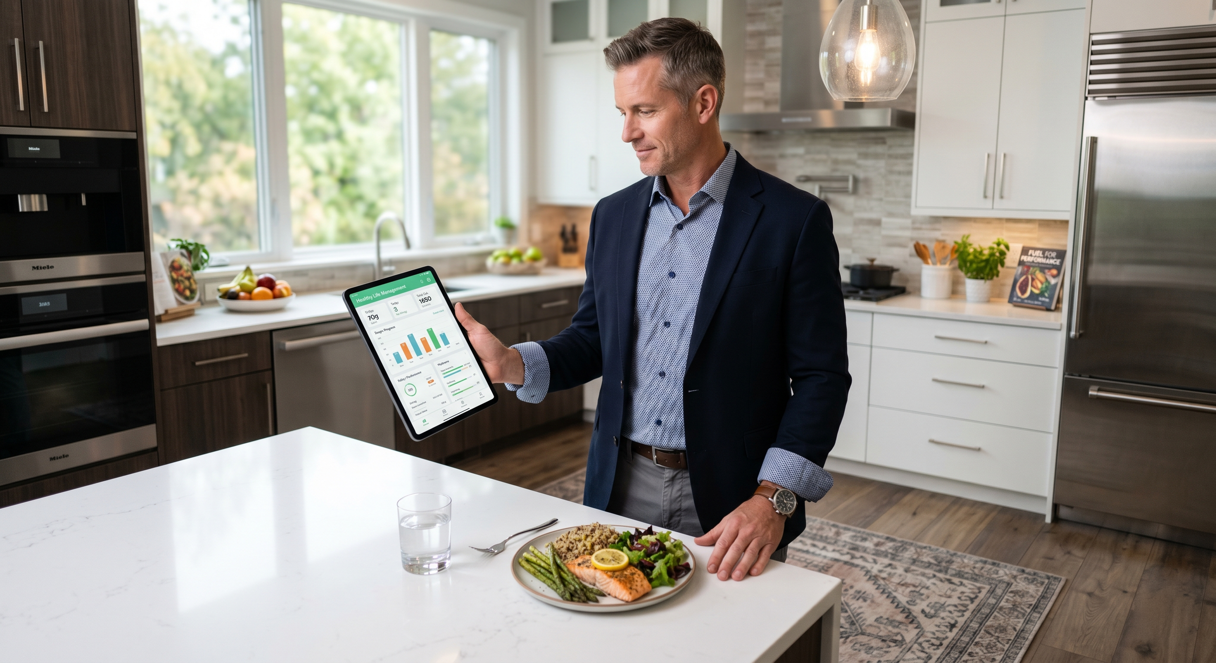 A man in a business suit looking at a tablet with a health tracker app in a modern kitchen. A plate of food and a glass of water are on the counter.