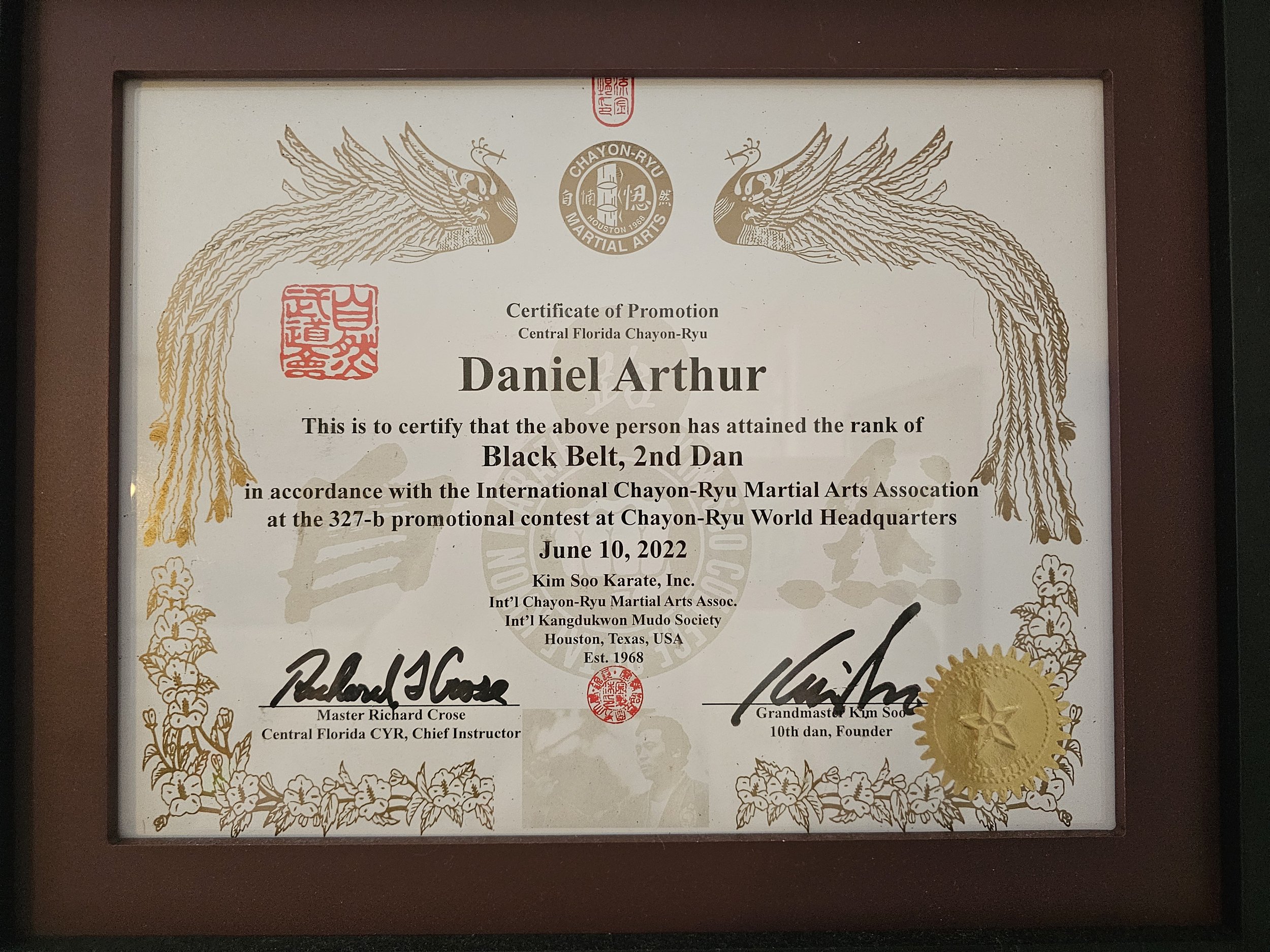 Certificate of Promotion awarded to Daniel Arthur for attaining the rank of Black Belt, 2nd Dan in Chayon-Ryu martial arts, dated June 10, 2022, with signatures, gold seal, and martial arts symbols.