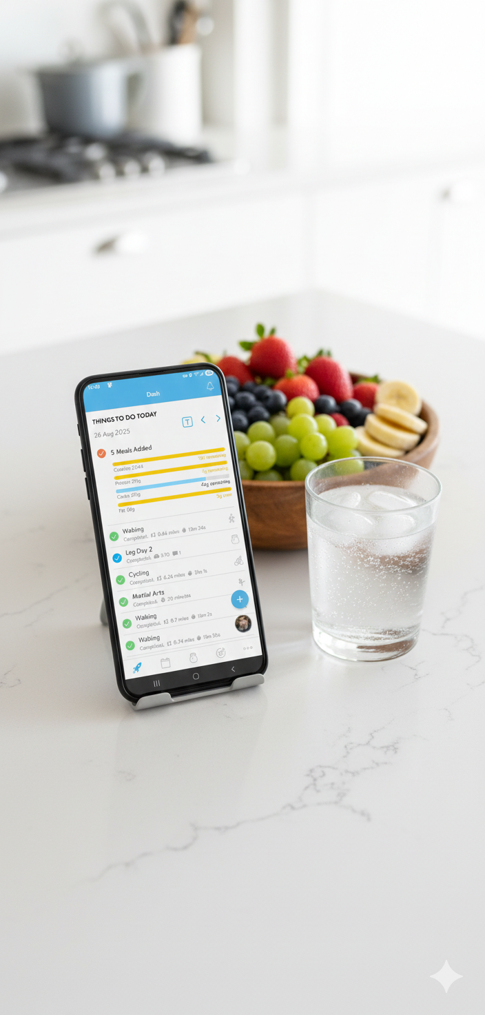 A smartphone on a white kitchen counter displaying a fitness and nutrition tracking app with tasks and progress, a bowl of mixed fresh fruit including strawberries, blueberries, green grapes, and banana slices, and a glass of water with ice.