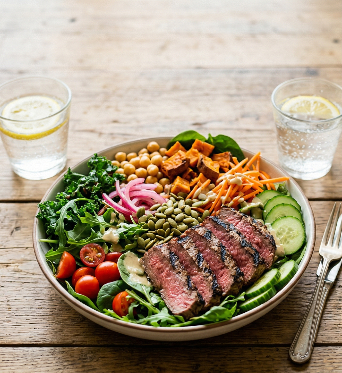 A large bowl of salad with sliced steak, cherry tomatoes, cucumber, shredded carrots, chickpeas, greens, and various vegetables on a wooden table, accompanied by two glasses of lemon sparkling water.