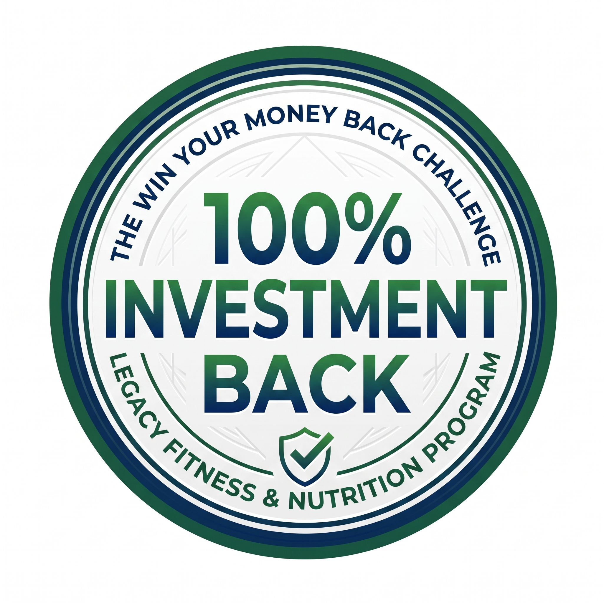 A circular label with blue, green, and white rings, featuring the text 'The Win Your Money Back Challenge' and '100% Investment Back'.