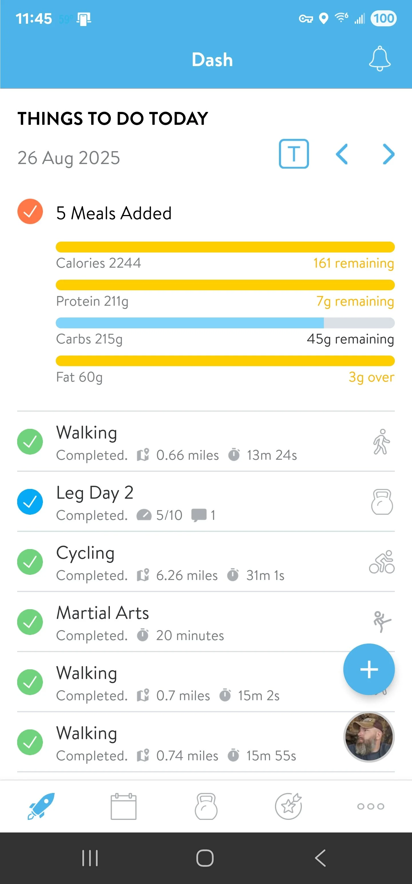 Screenshot of a fitness app dashboard showing a list of completed activities including walking, cycling, martial arts, and other steps with a focus on daily workout and nutrition tracking.
