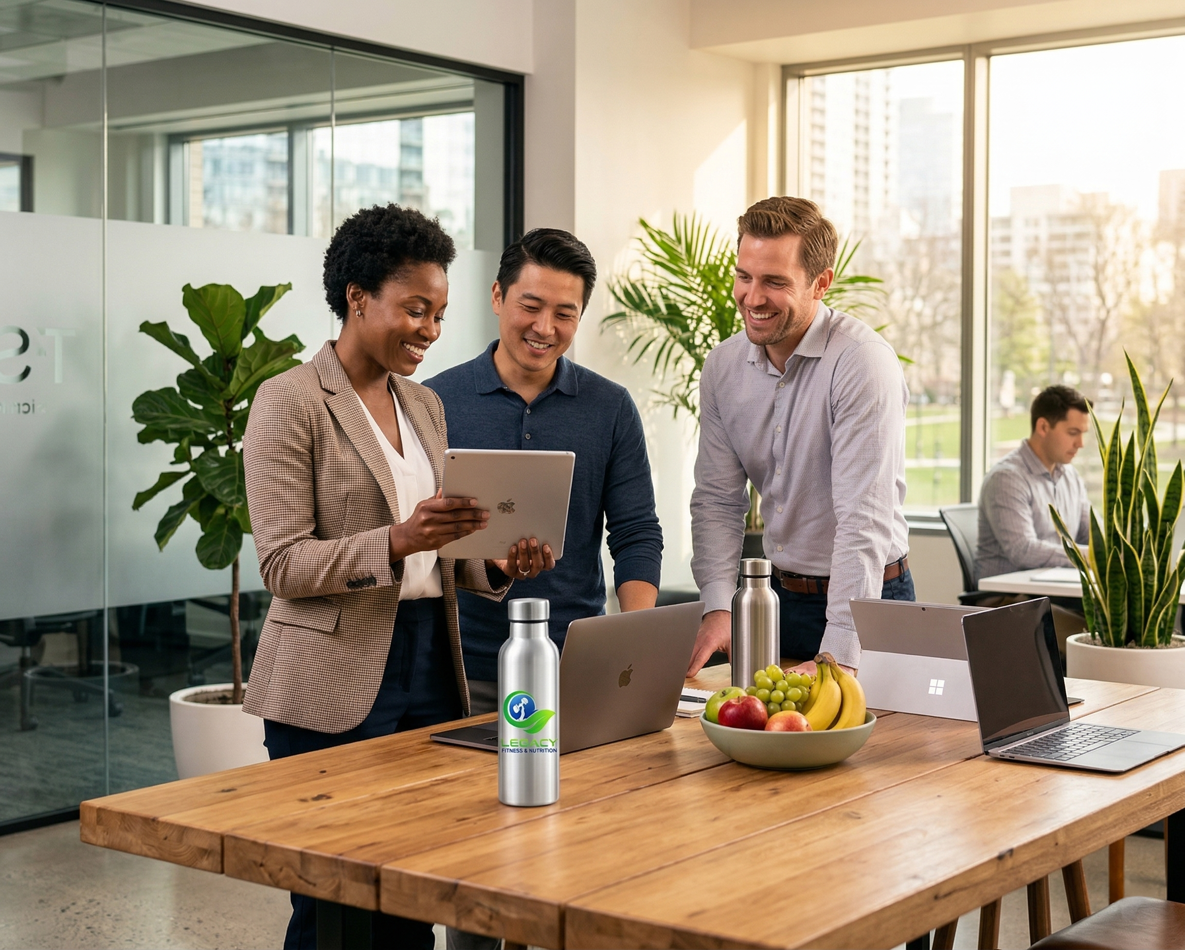 Three people, two men and one woman, standing together at a table in a modern office, looking at a tablet and smiling. The table has a bowl of fruit and a laptop. Large windows with city buildings in the background and green plants nearby.