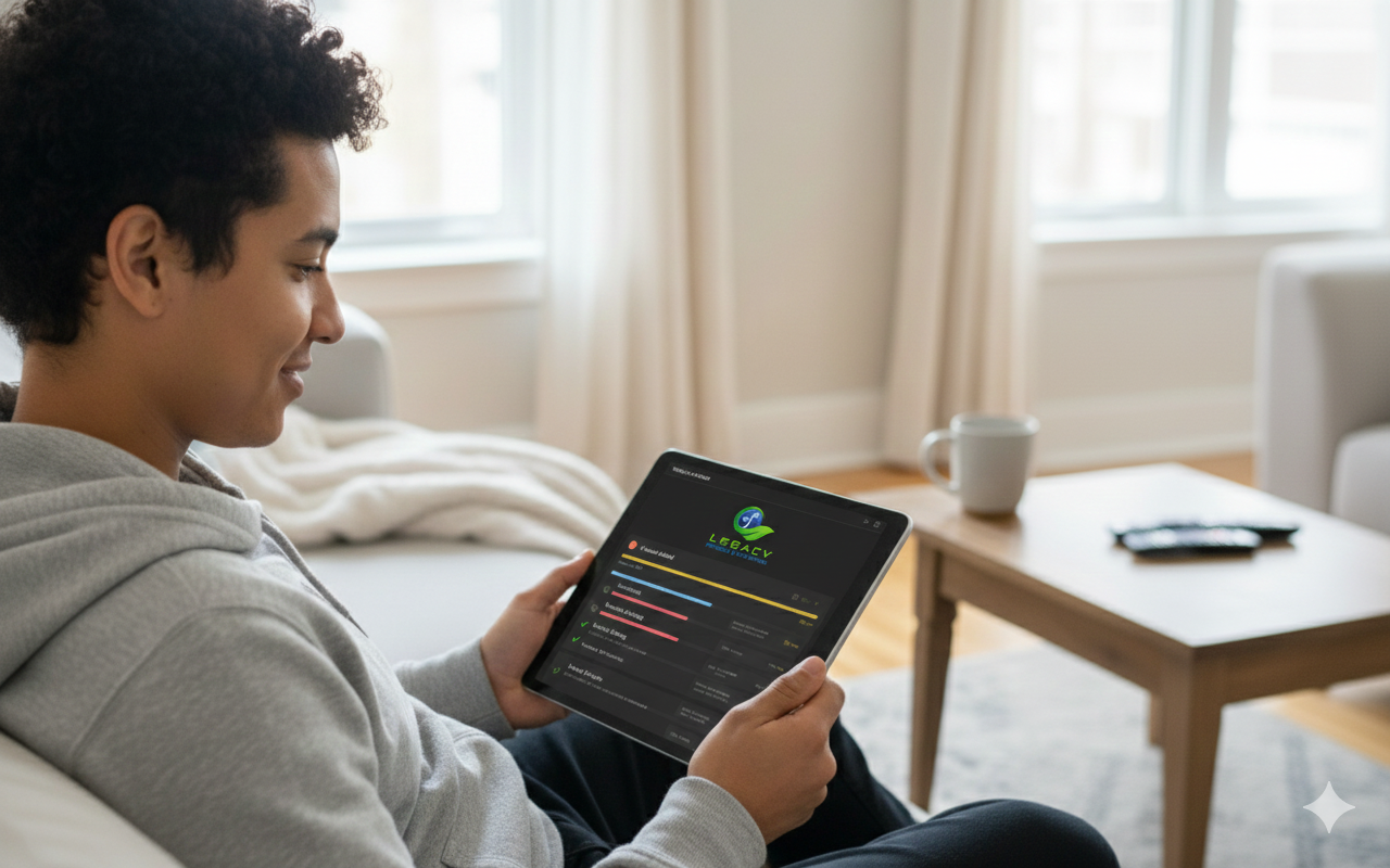 Young man smiling while using a tablet with a fitness and nutrition tracking app in a cozy living room with natural light, a wooden coffee table, and a coffee cup in the background.