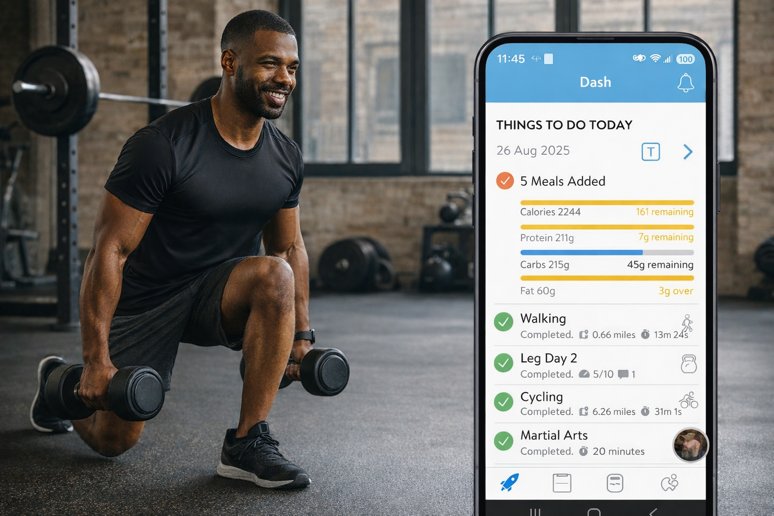 A man in a black athletic shirt and shorts is kneeling on one knee, holding a dumbbell in each hand during a workout session in a gym. In the foreground, a large smartphone screen shows a fitness app with a list of daily activities, including walking, leg exercises, cycling, and martial arts, with details such as distances, times, and completion status.