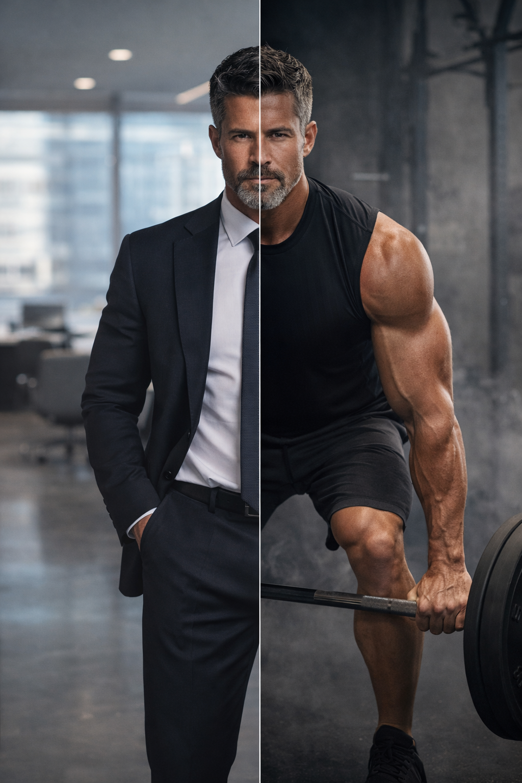 Split image of a man in a business suit on the left and a muscular man lifting a barbell on the right.